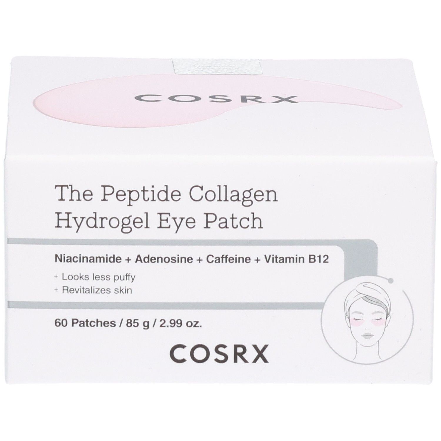 COSRX Eye Patches: Boîte d'emballage avec nom du produit et ingrédients.
