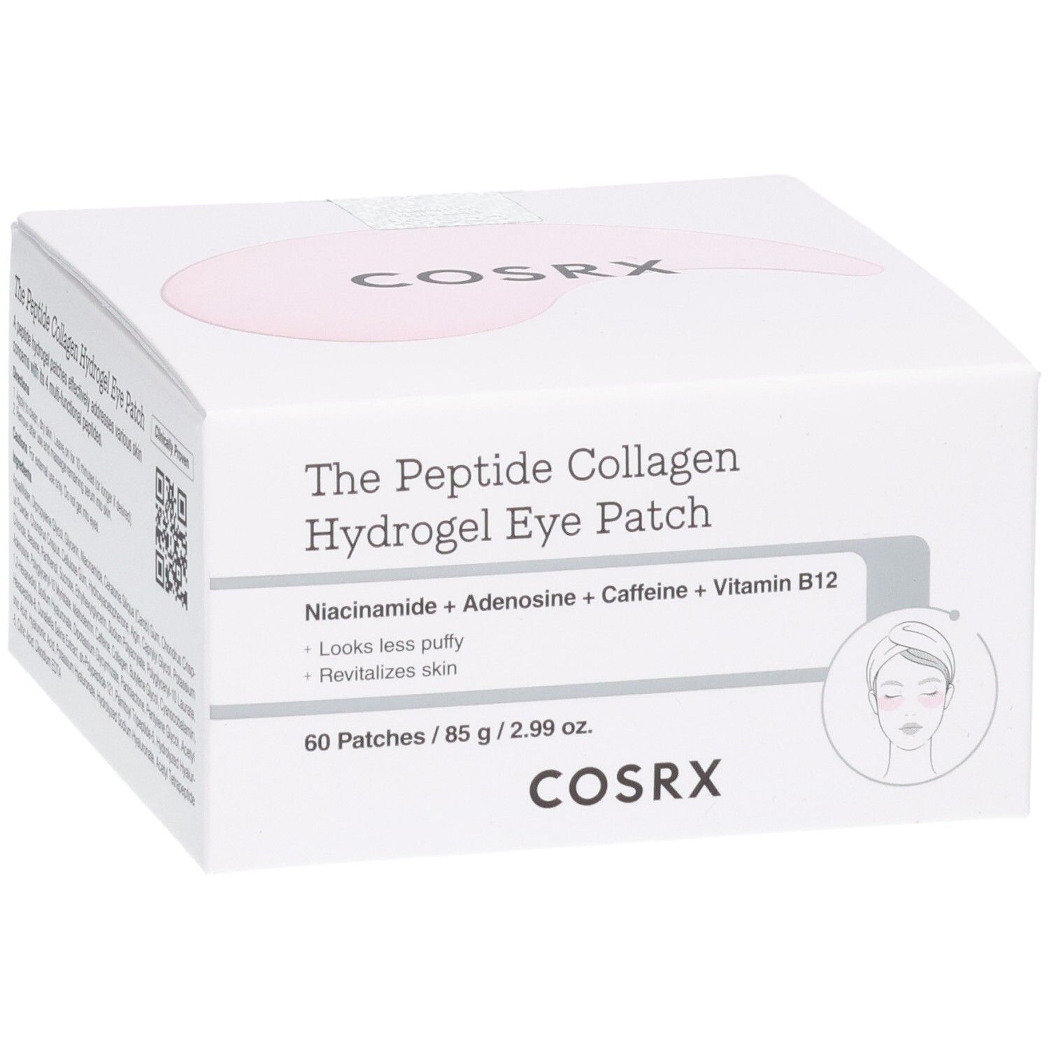 COSRX Eye Patches: Boîte d'emballage avec nom du produit, ingrédients et illustration.