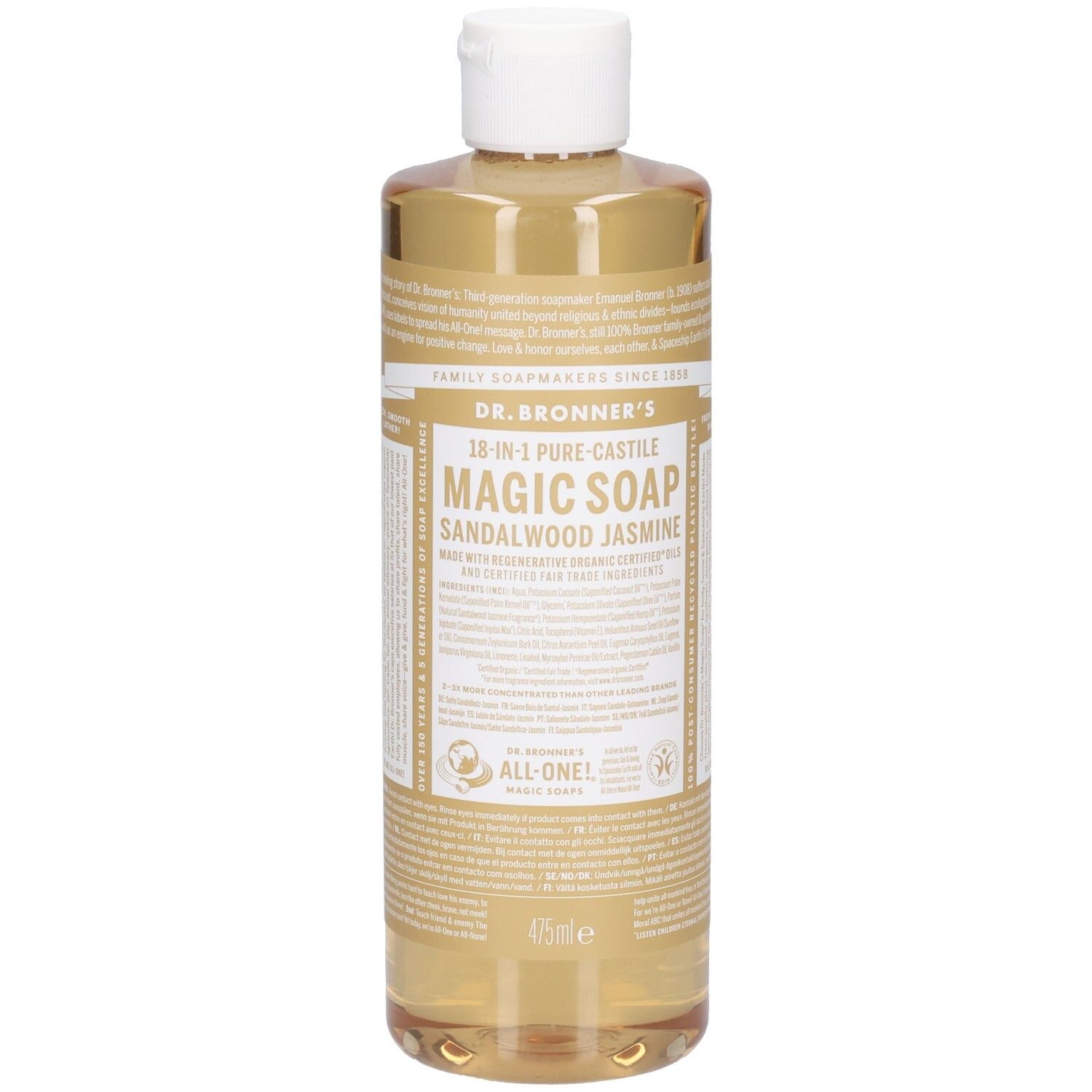 Savon liquide Dr. Bronner's 18-en-1 Magic Soap Bois de Santal Jasmin dans une bouteille transparente avec bouchon blanc.