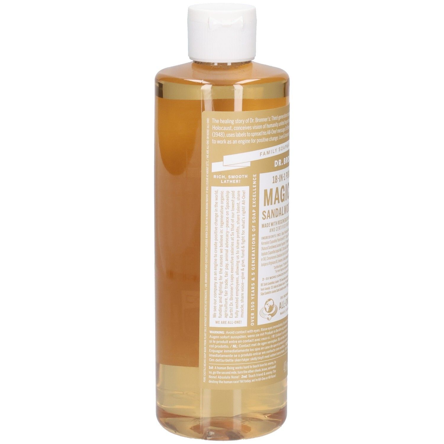 Arrière de la bouteille de savon liquide Dr. Bronner's 18-en-1 Magic Soap Bois de Santal Jasmin avec étiquette.