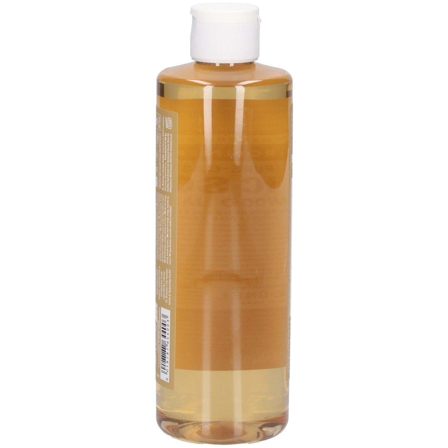 Vue latérale de la bouteille de savon liquide Dr. Bronner's 18-en-1 Magic Soap Bois de Santal Jasmin.