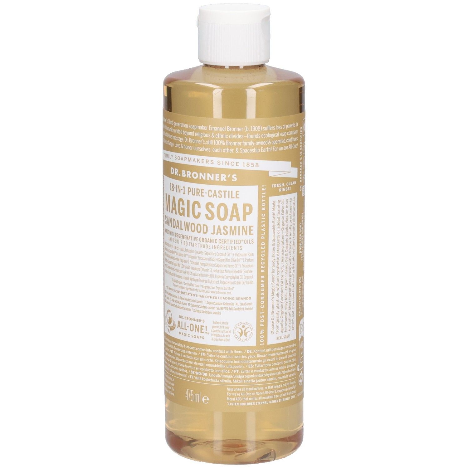 Savon liquide Dr. Bronner's 18-en-1 Magic Soap Bois de Santal Jasmin, avant avec étiquette.