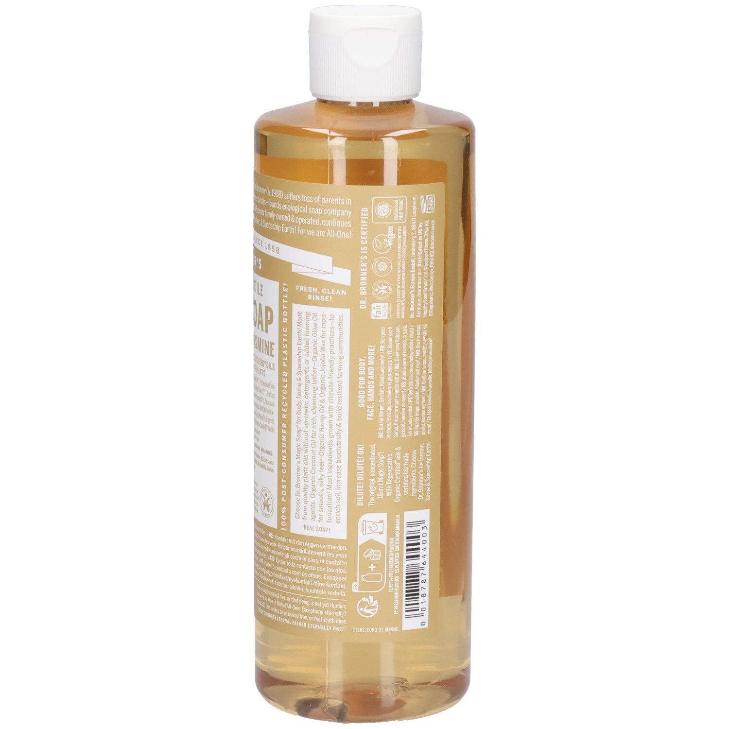 Savon liquide Dr. Bronner's 18-en-1 Magic Soap Bois de Santal Jasmin, arrière avec code-barres et étiquette.