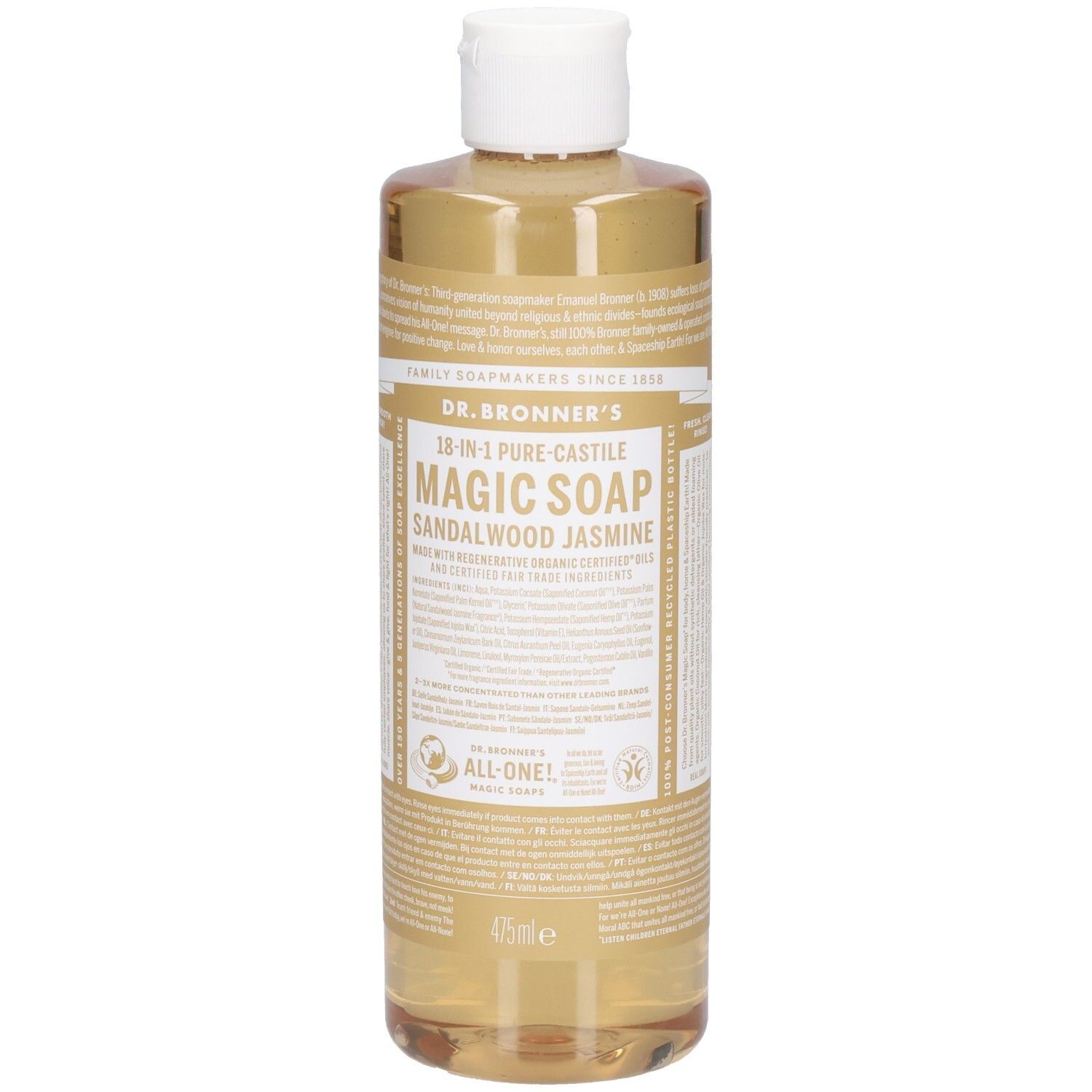 Savon liquide Dr. Bronner's 18-en-1 Magic Soap Bois de Santal Jasmin, vue de face avec étiquette.