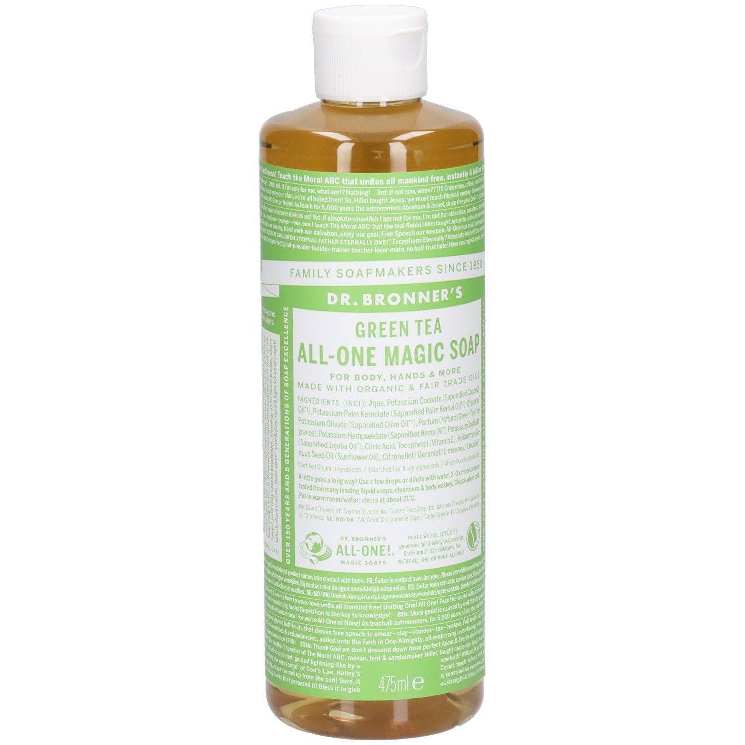 Bouteille avec étiquette verte et texte. Le bouchon est blanc. Le produit est transparent.