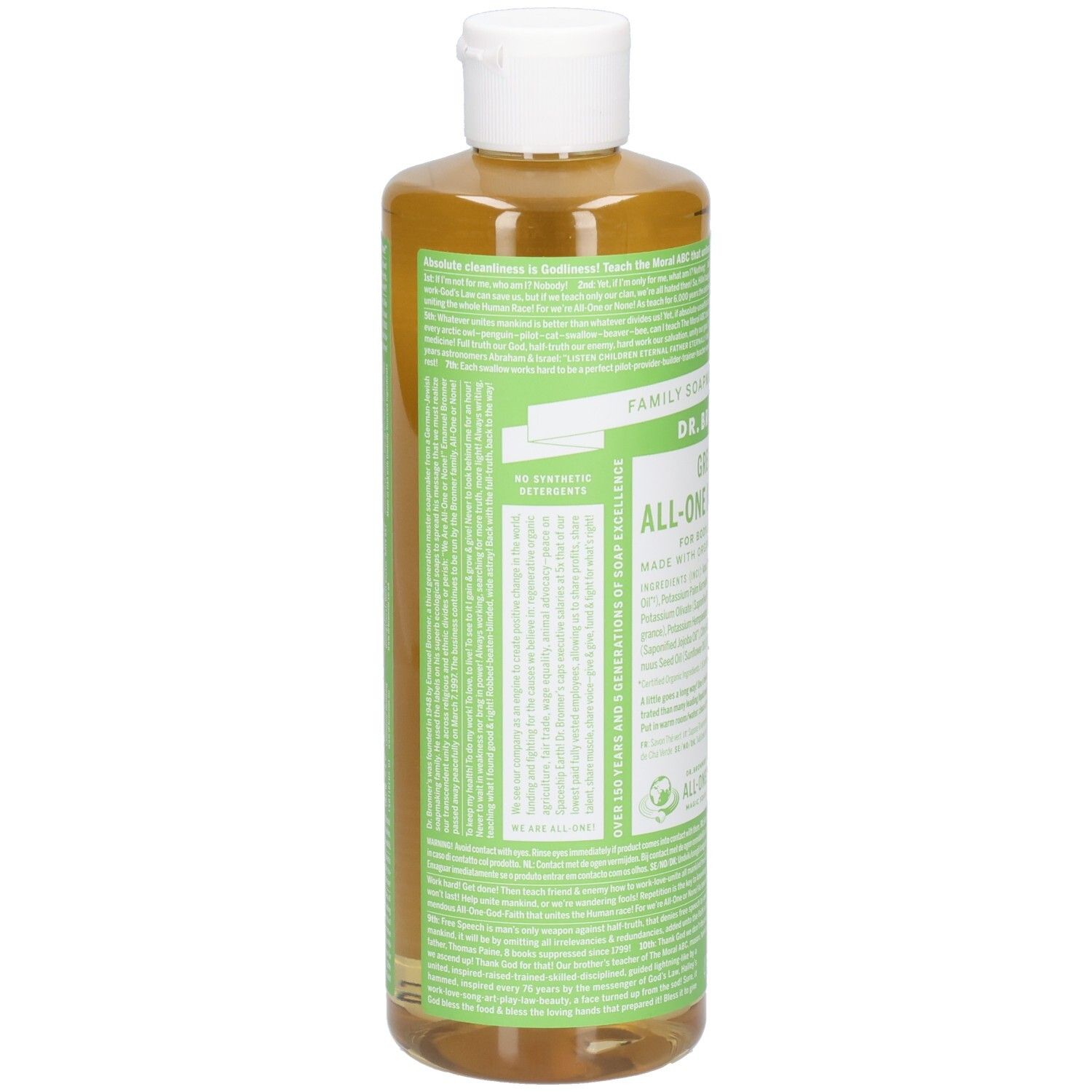Étiquettes vertes avec texte sur une bouteille. Le bouchon est blanc. Le produit est transparent.