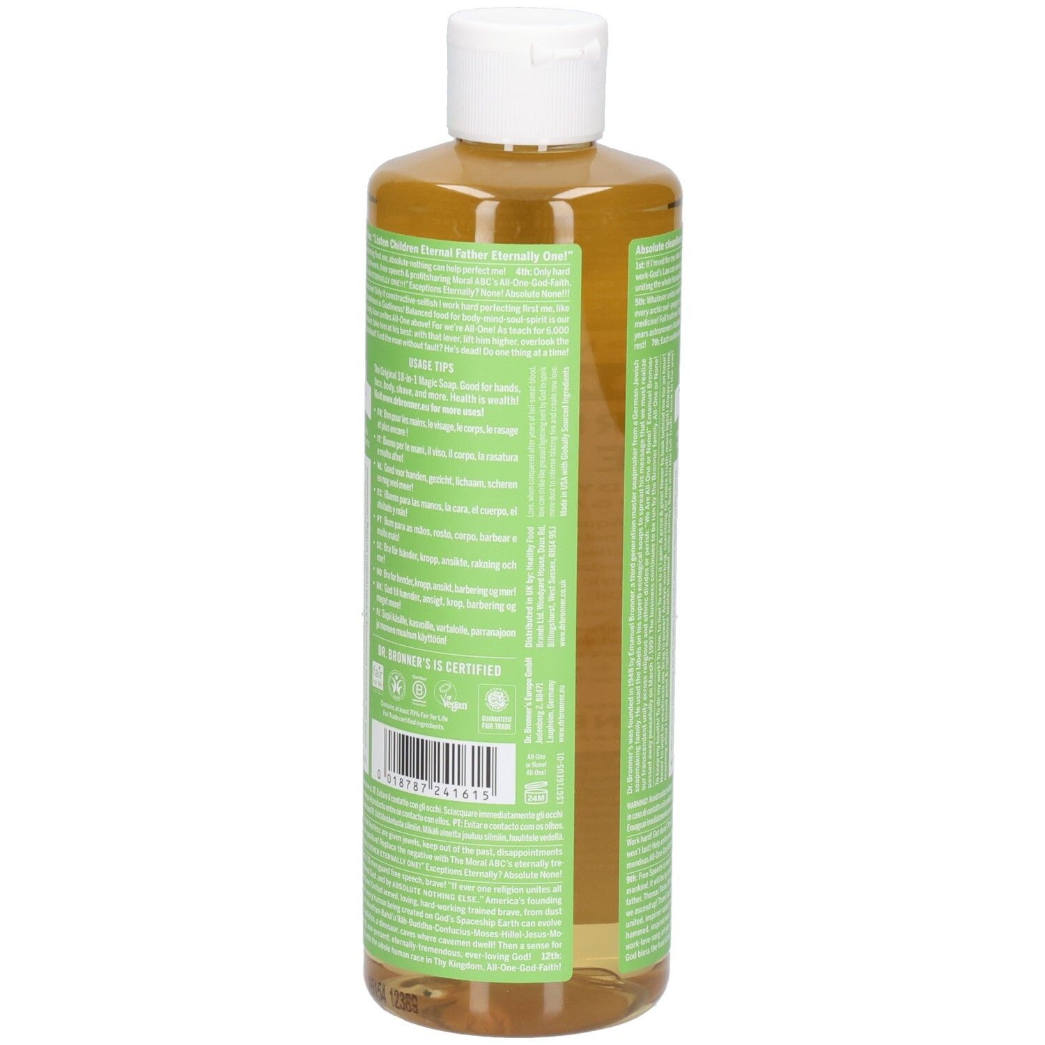 Étiquettes vertes avec texte sur une bouteille. Le bouchon est blanc. Le produit est transparent.