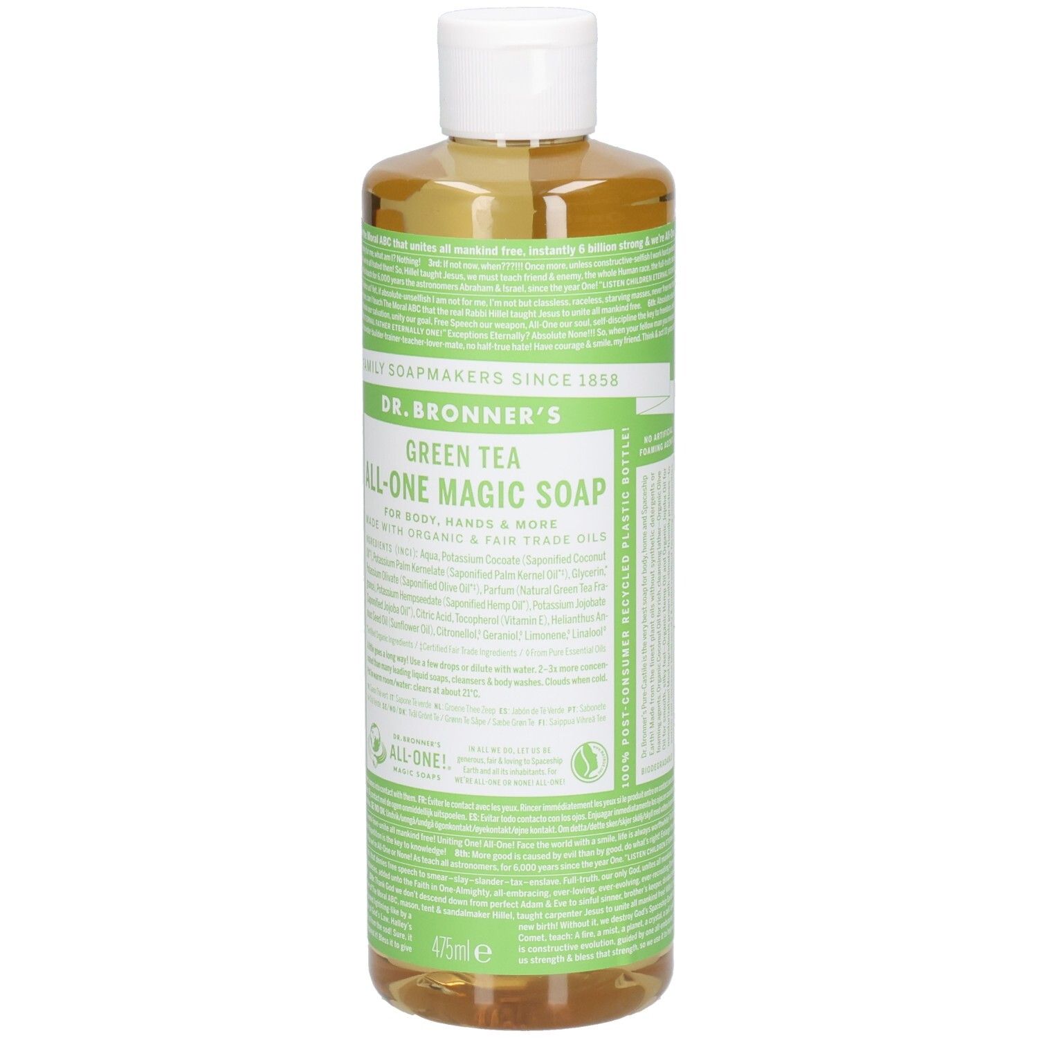 Bouteille avec étiquette verte et texte. Le bouchon est blanc. Le produit est transparent.