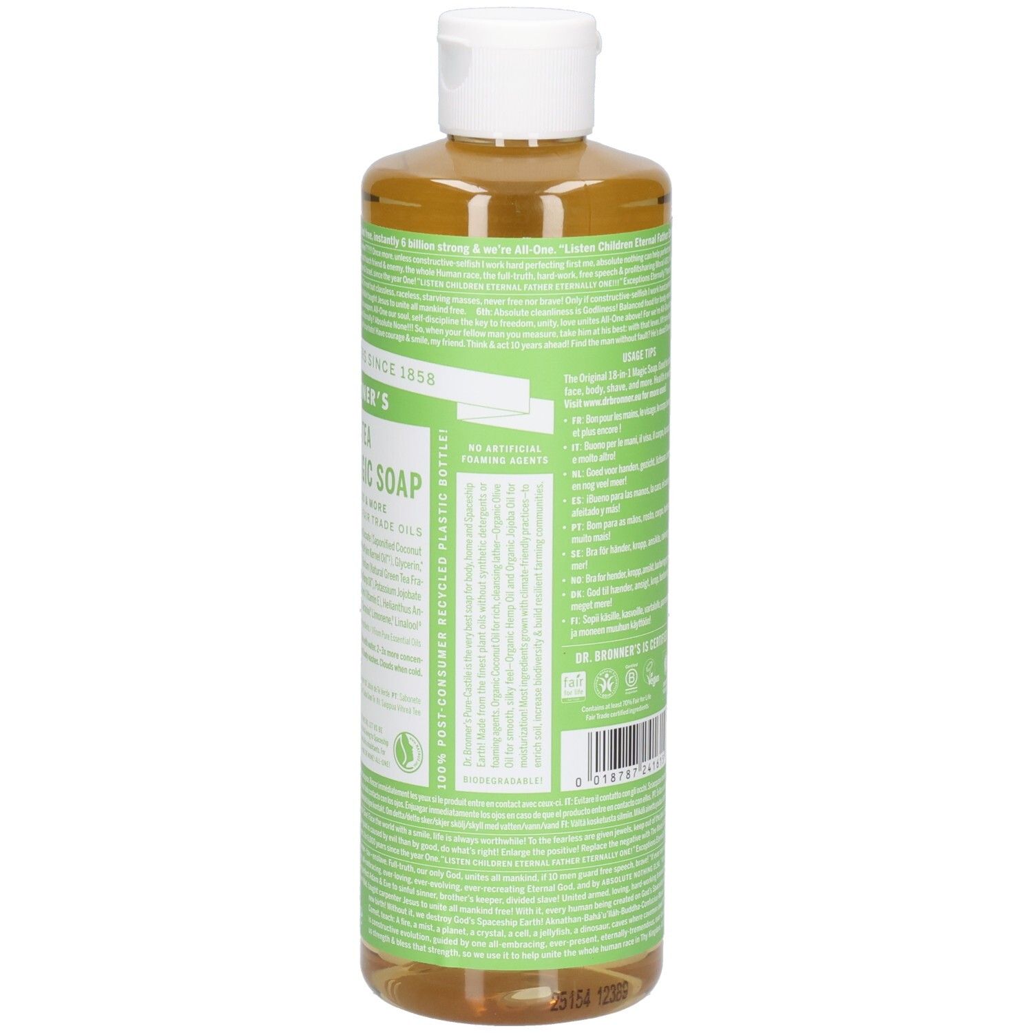 Bouteille avec étiquette verte et texte. Le bouchon est blanc. Le produit est transparent.
