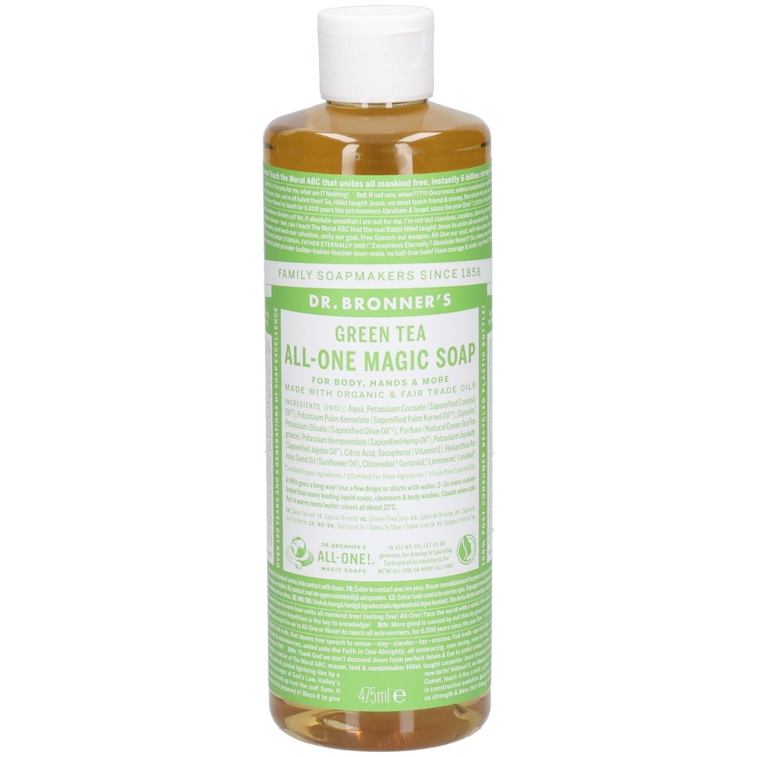 Bouteille avec étiquette verte et texte. Le bouchon est blanc. Le produit est transparent.
