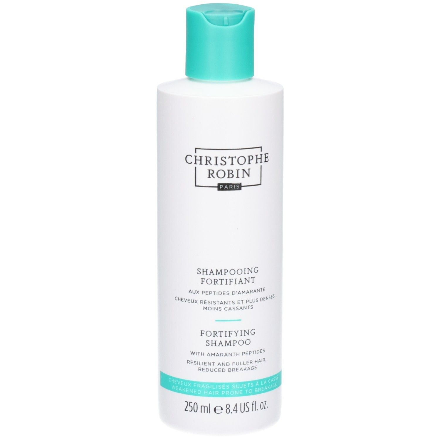 Flacon blanc avec bouchon turquoise. Inscription: Christophe Robin, Shampooing Fortifiant, Fortifying Shampoo.