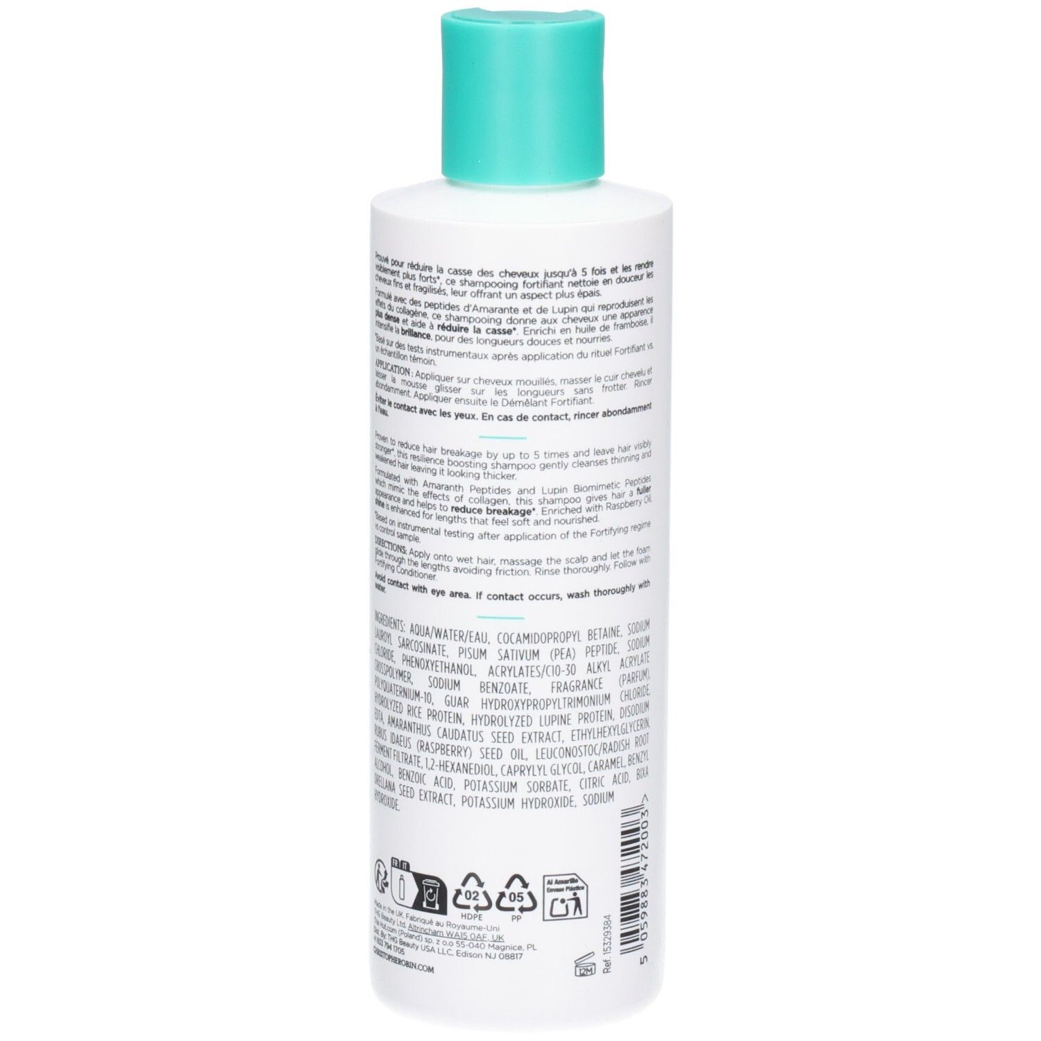 Dos d'un flacon blanc. Texte multilingue. Ingrédients et instructions d'utilisation.