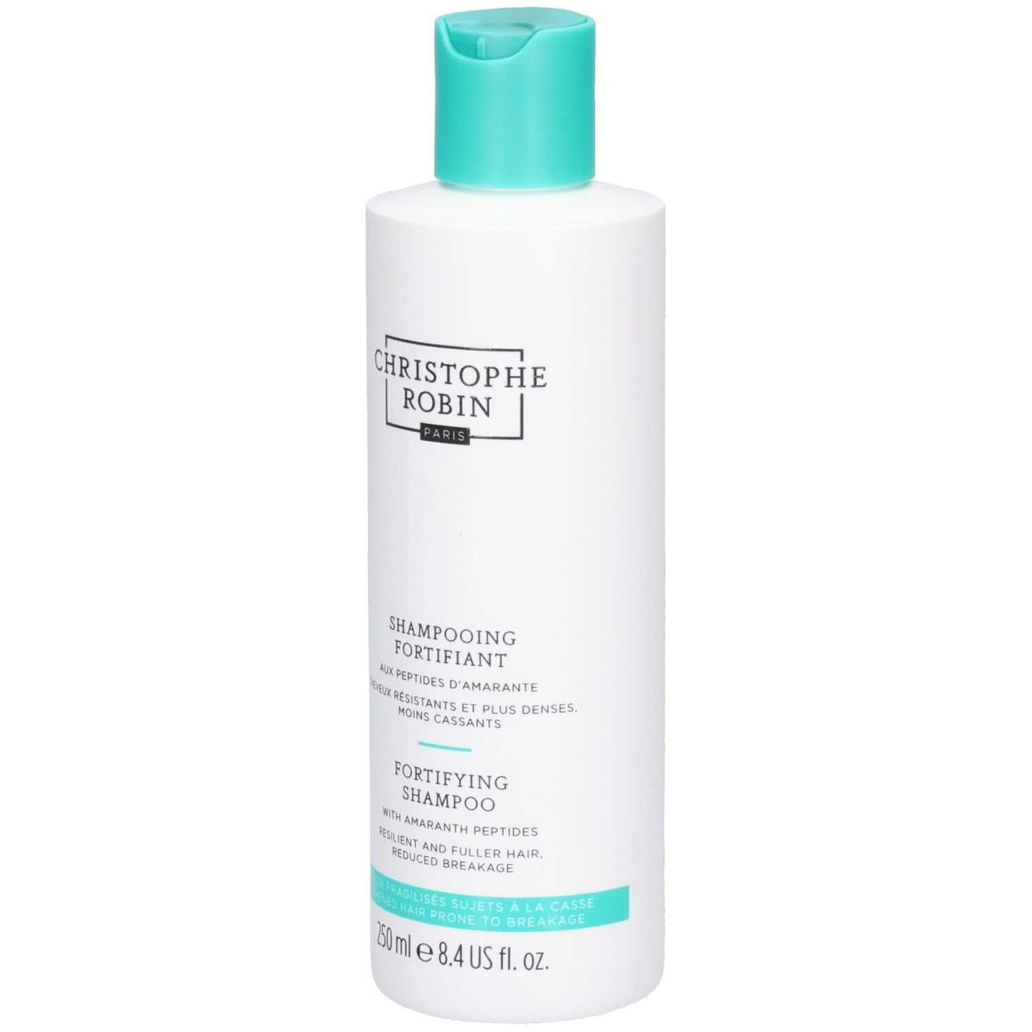 Flacon blanc avec bouchon turquoise. Inscription: Christophe Robin, Shampooing Fortifiant, Fortifying Shampoo.