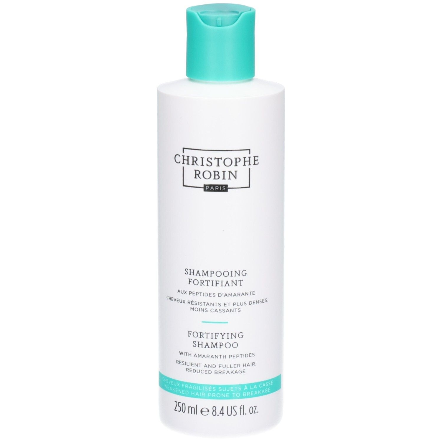 Flacon blanc avec bouchon turquoise. Inscription: Christophe Robin, Shampooing Fortifiant, Fortifying Shampoo.