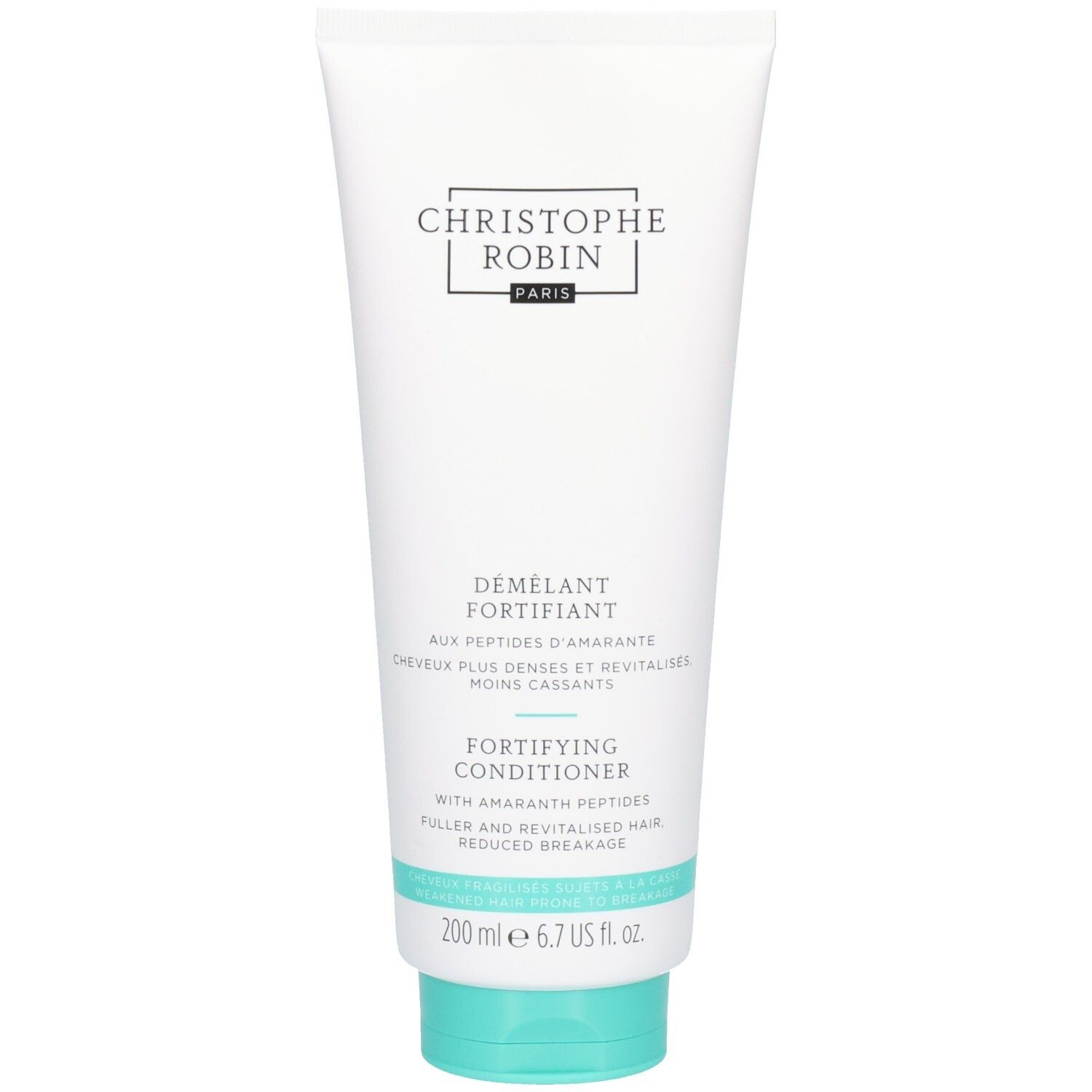 Tube blanc avec bouchon turquoise. Inscription: Christophe Robin, Fortifying Conditioner. 200 ml.
