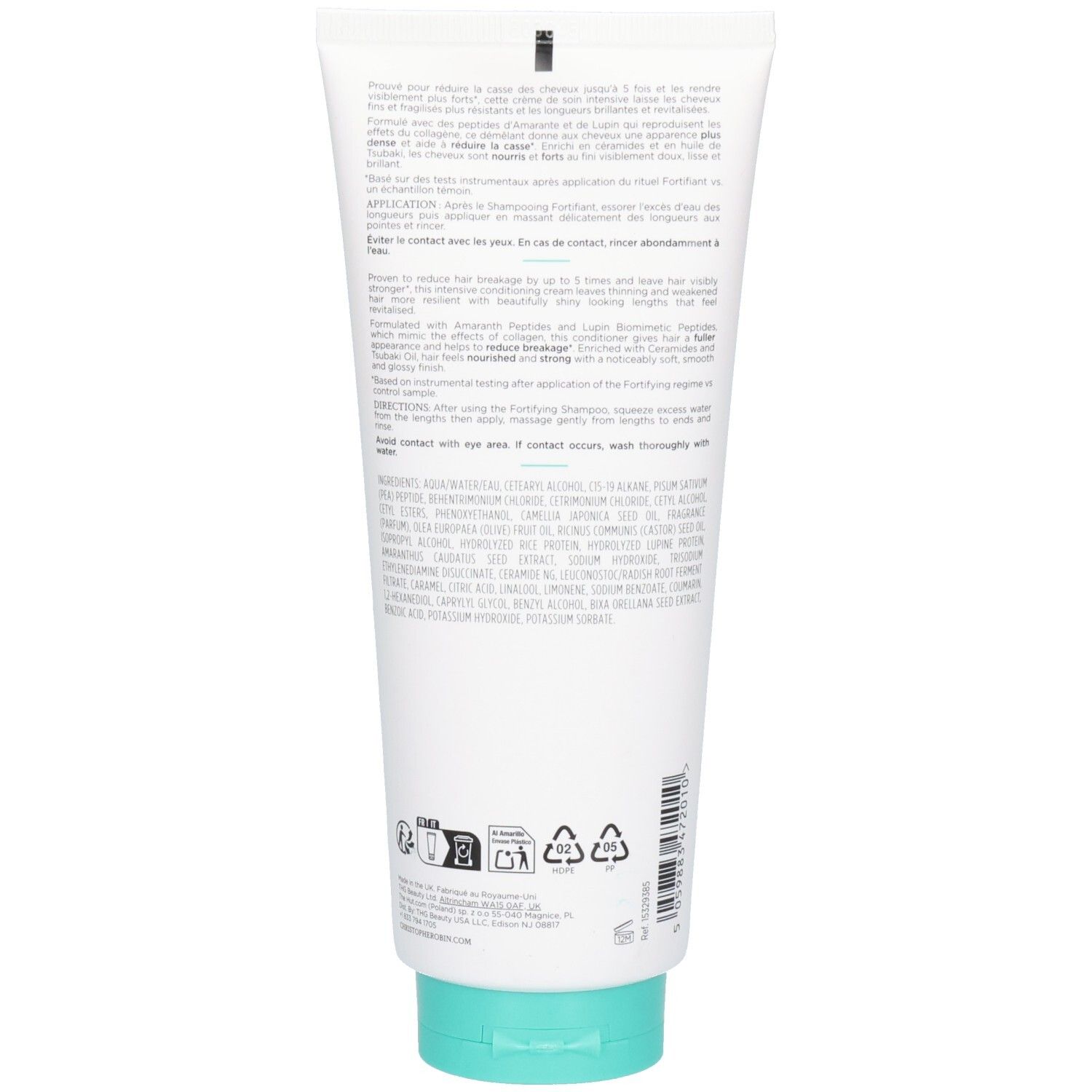 Dos du tube blanc avec bouchon turquoise. Texte multilingue. Symboles de recyclage.