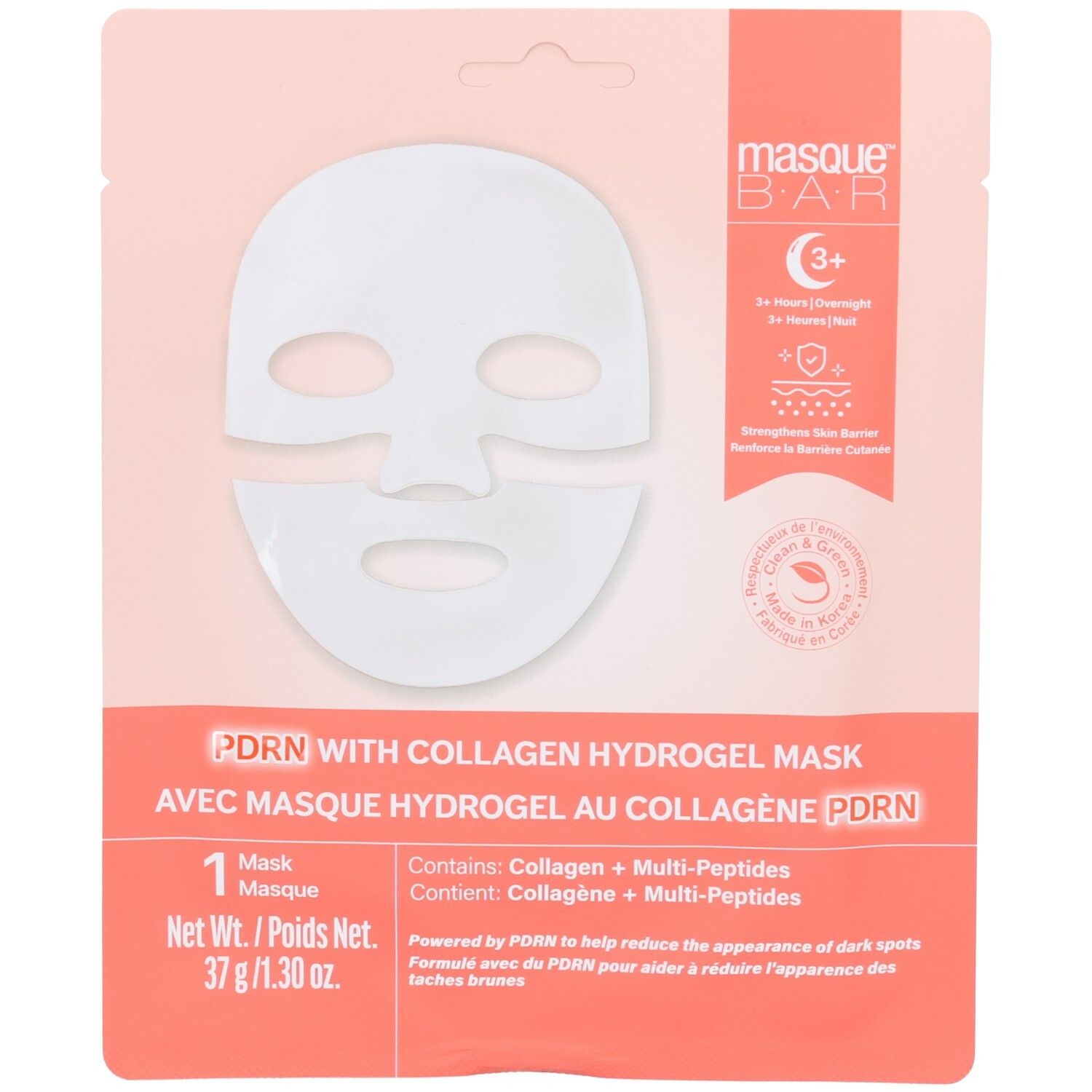 Emballage d'un masque facial blanc en hydrogel avec ouvertures pour les yeux, le nez et la bouche.