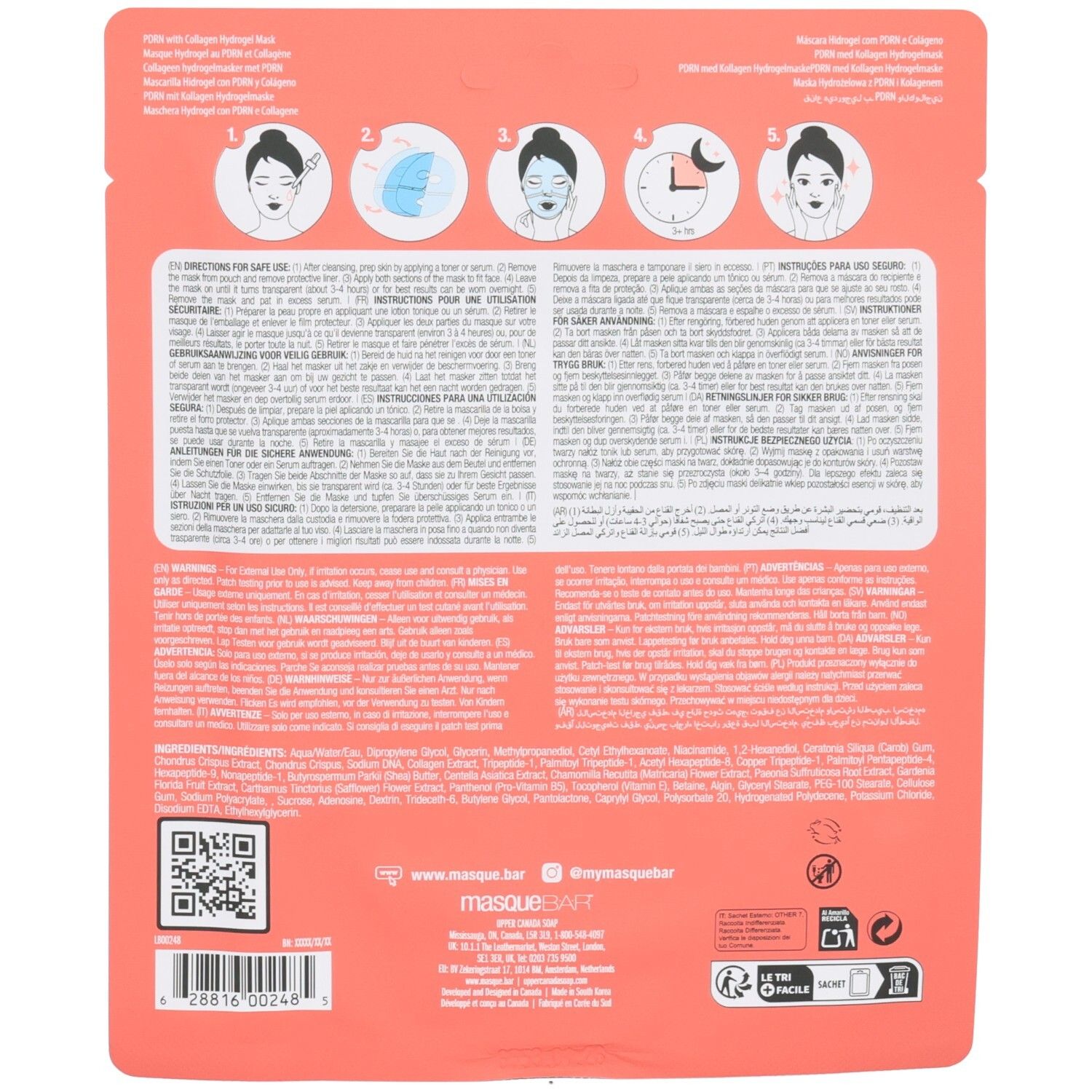 Dos de l'emballage avec instructions et ingrédients pour un masque facial.