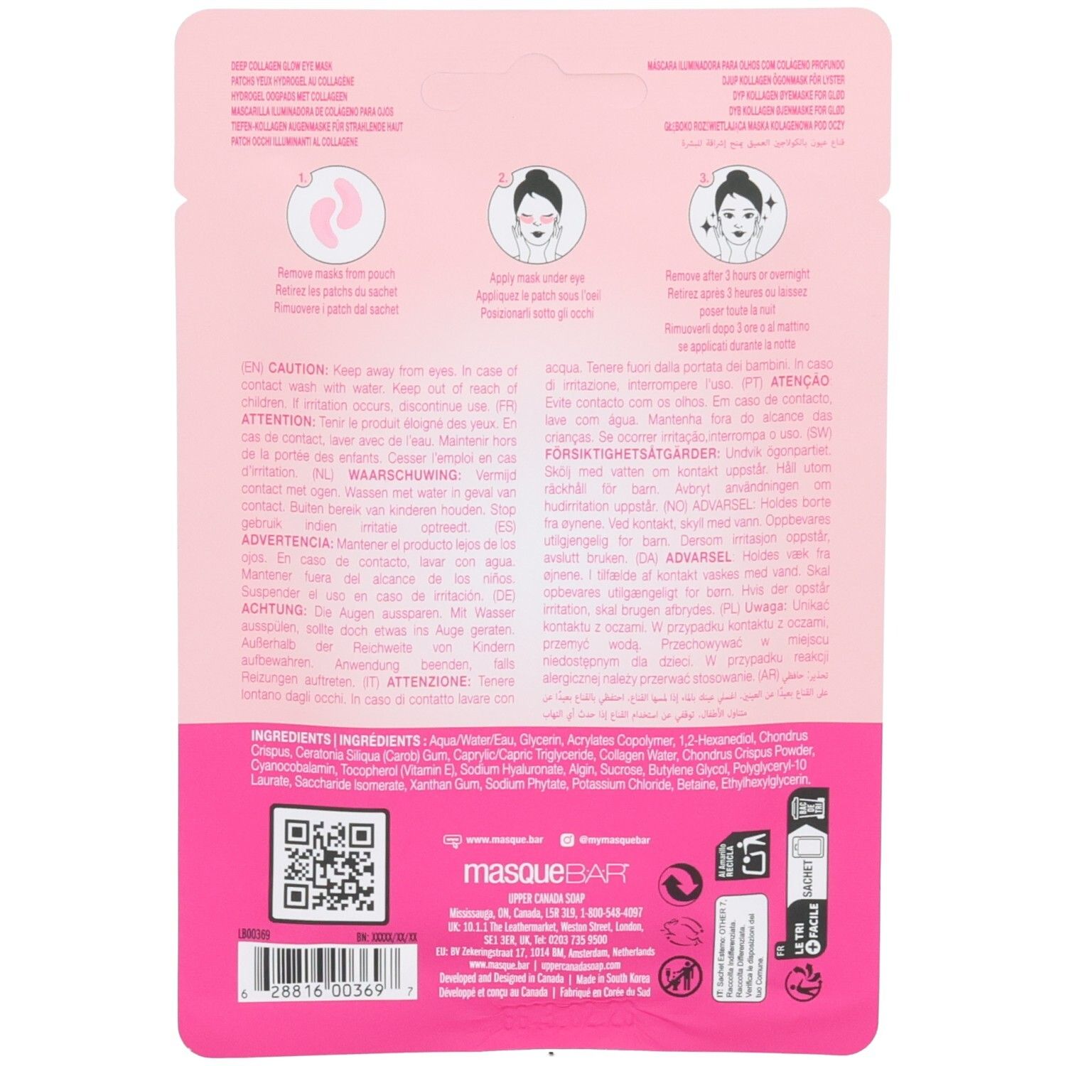 Dos d'un sachet rose avec instructions et ingrédients pour masques yeux.