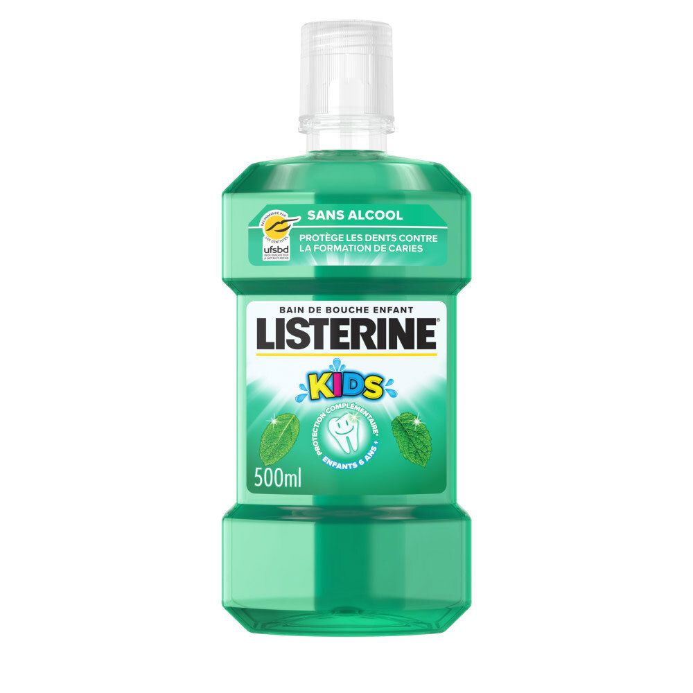 Bain de bouche LISTERINE Kids vert, 500ml, sans alcool, saveur menthe.