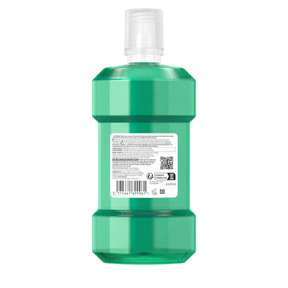 Arrière de la bouteille de bain de bouche LISTERINE Kids verte, 500ml, avec informations produit.
