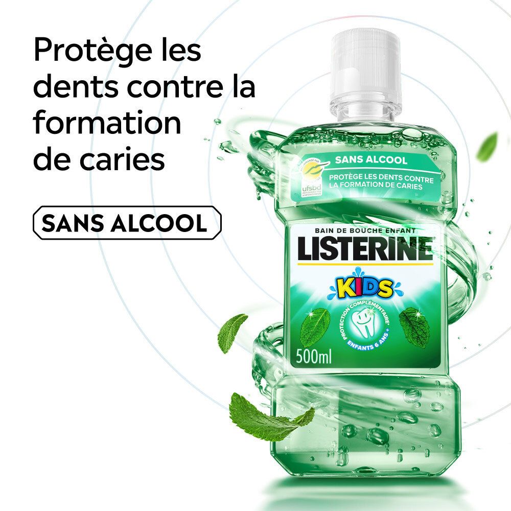 Bain de bouche LISTERINE Kids, 500ml, protège les dents contre les caries, sans alcool.