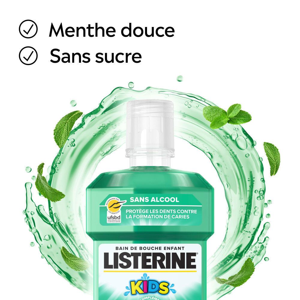 Bain de bouche LISTERINE Kids, 500ml, menthe douce, sans sucre.