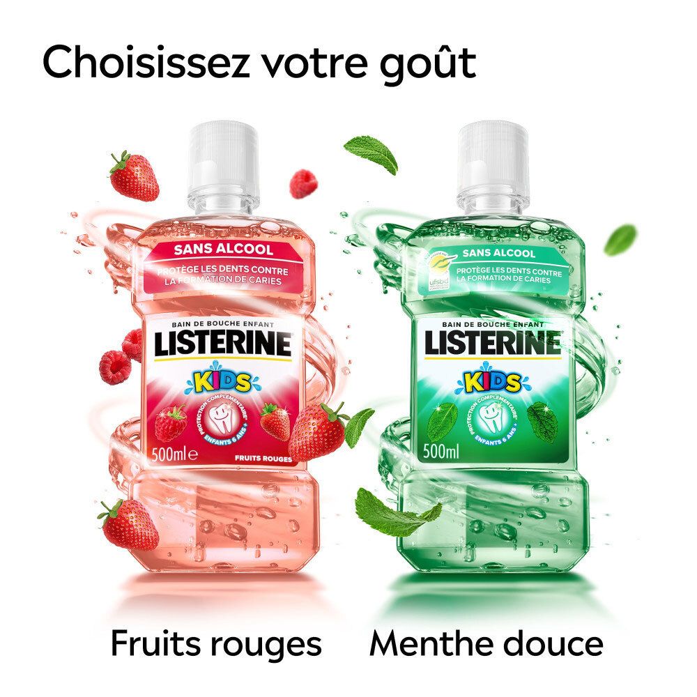 Deux bouteilles de bain de bouche LISTERINE Kids : Fruits rouges et Menthe, 500ml.