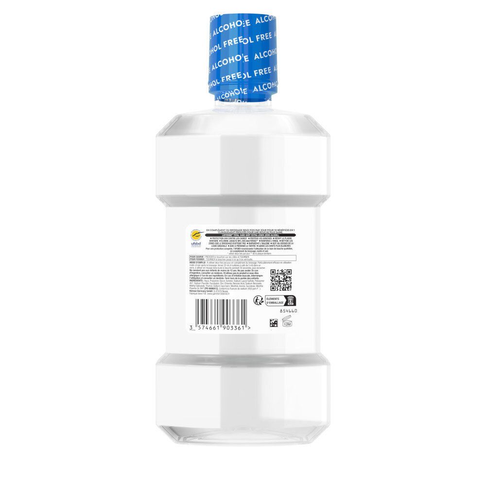 Arrière de la bouteille de bain de bouche LISTERINE Total Care avec informations produit.