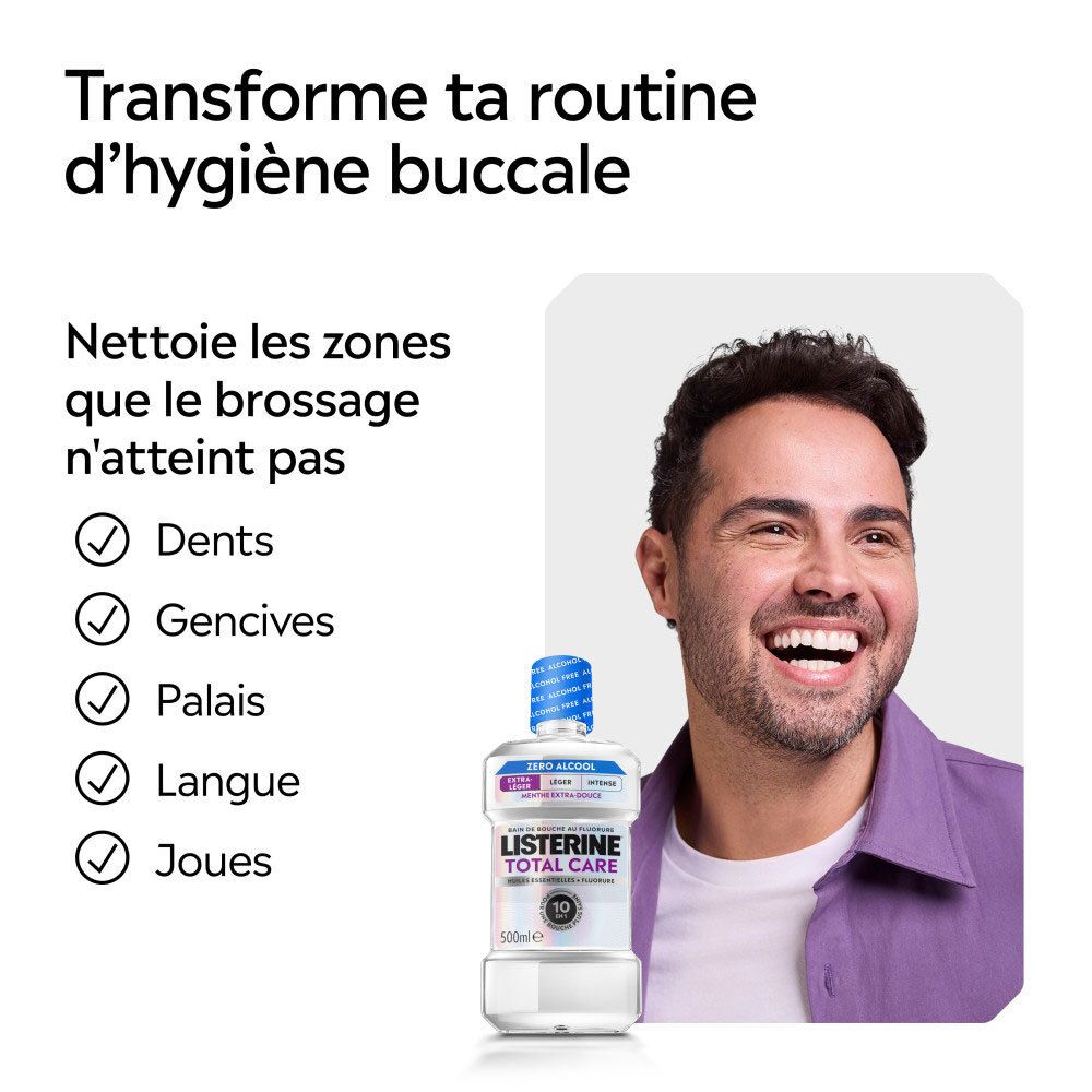 Homme avec bain de bouche LISTERINE Total Care, nettoie dents, gencives, langue.