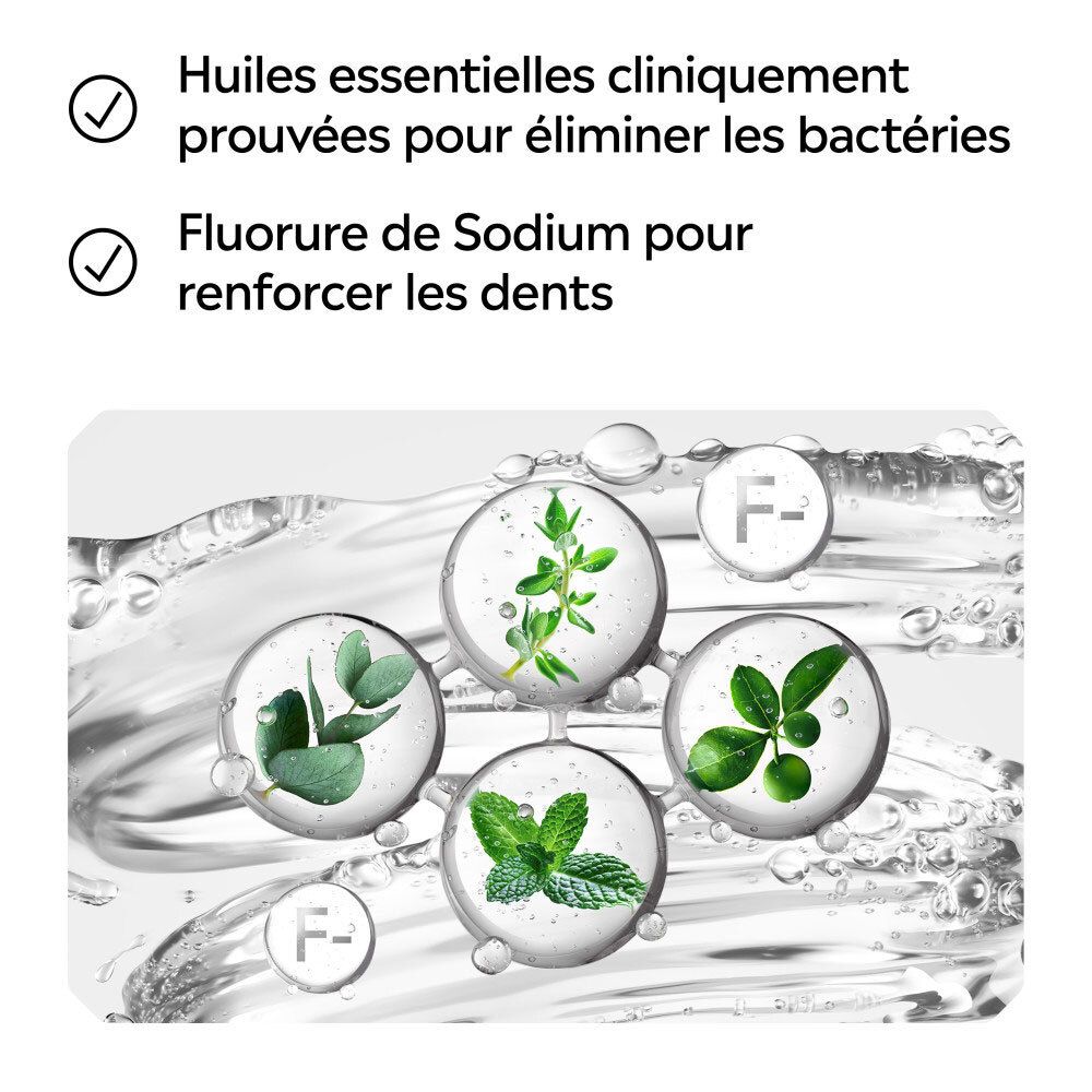 LISTERINE Total Care : Huiles essentielles contre bactéries, fluorure de sodium pour dents.