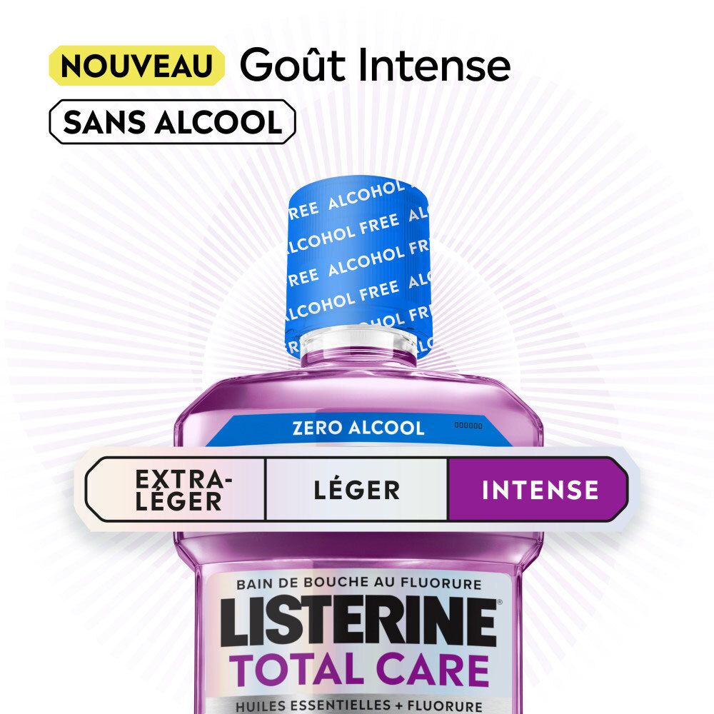 Bain de bouche Listerine Total Care, focus sur "Zéro Alcool" et saveur "Intense".