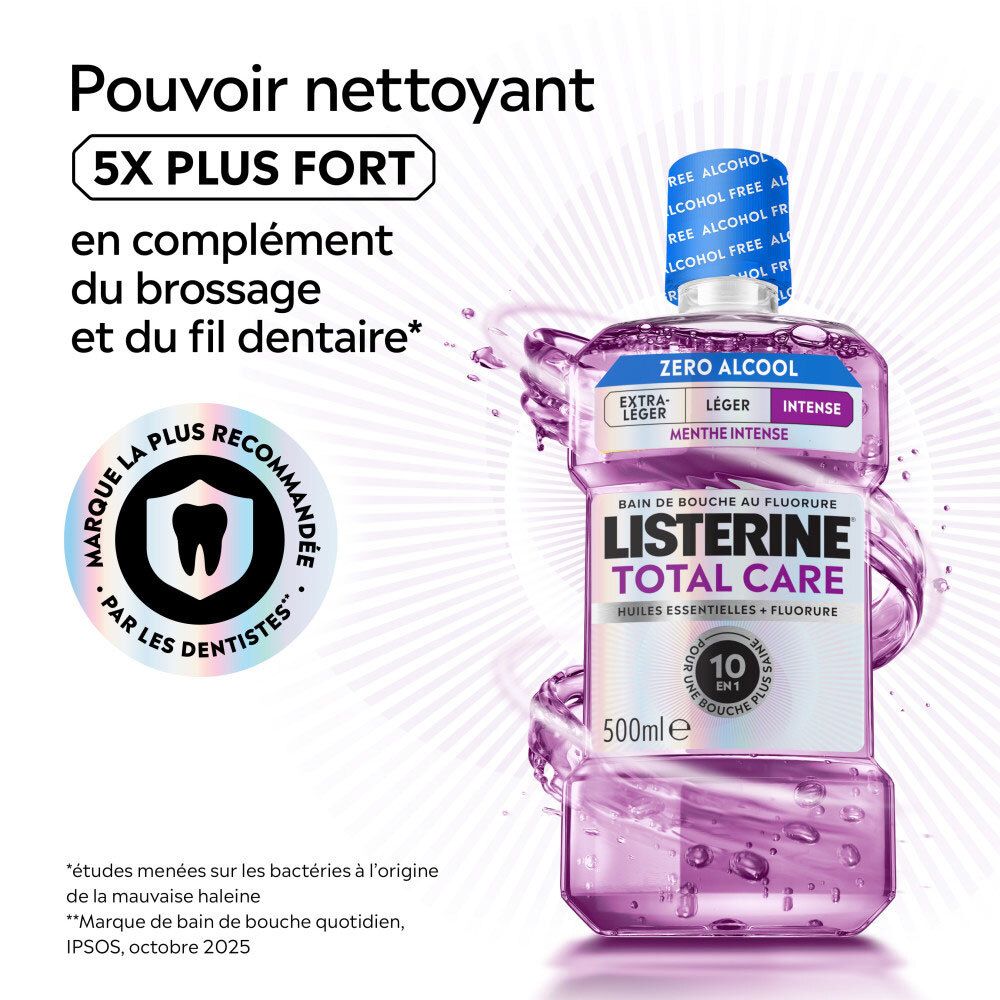 Bain de bouche Listerine Total Care, promu comme nettoyant 5x plus fort, recommandé par les dentistes.