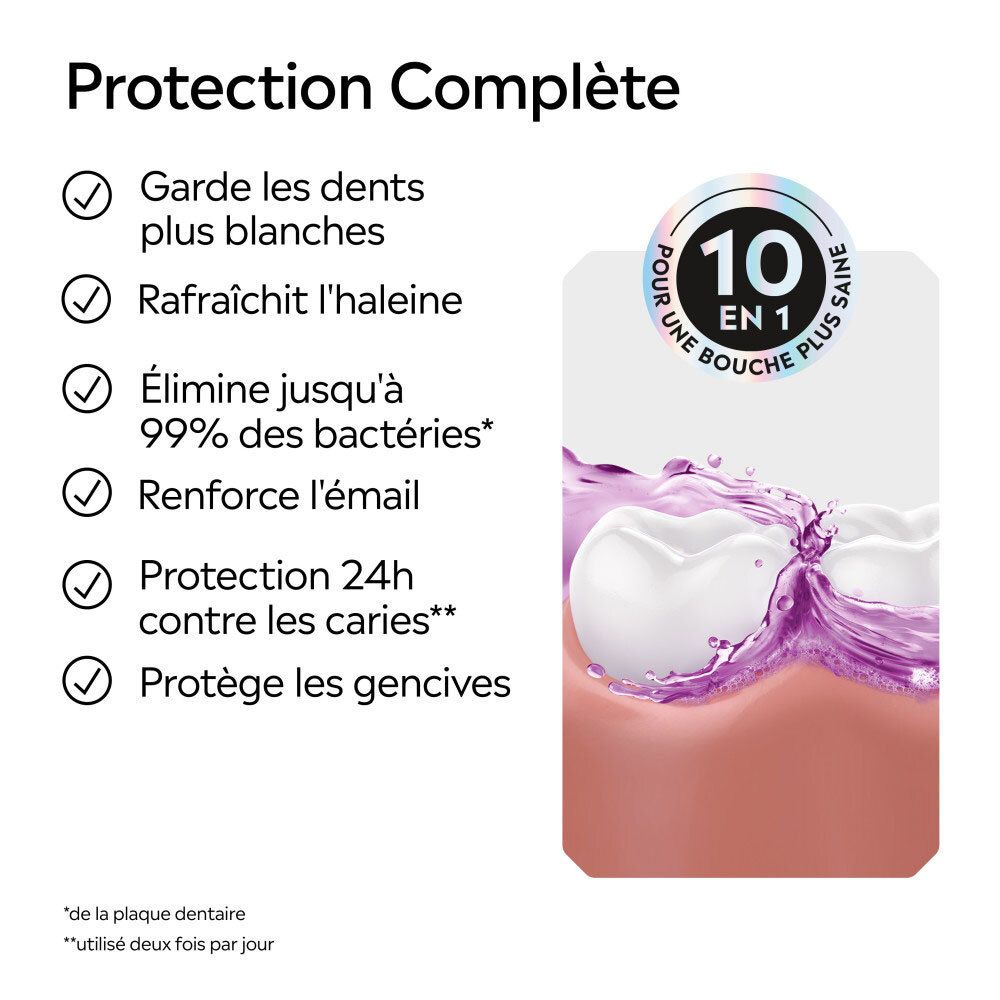 Avantages du Listerine Total Care : dents plus blanches, haleine fraîche, réduction de 99% des bactéries.