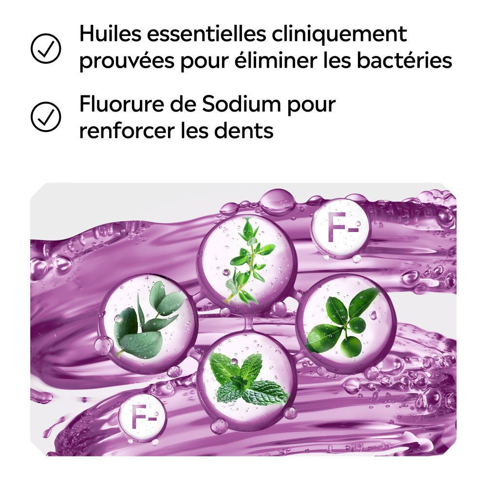 Ingrédients du Listerine Total Care : huiles essentielles et fluorure de sodium pour renforcer les dents.