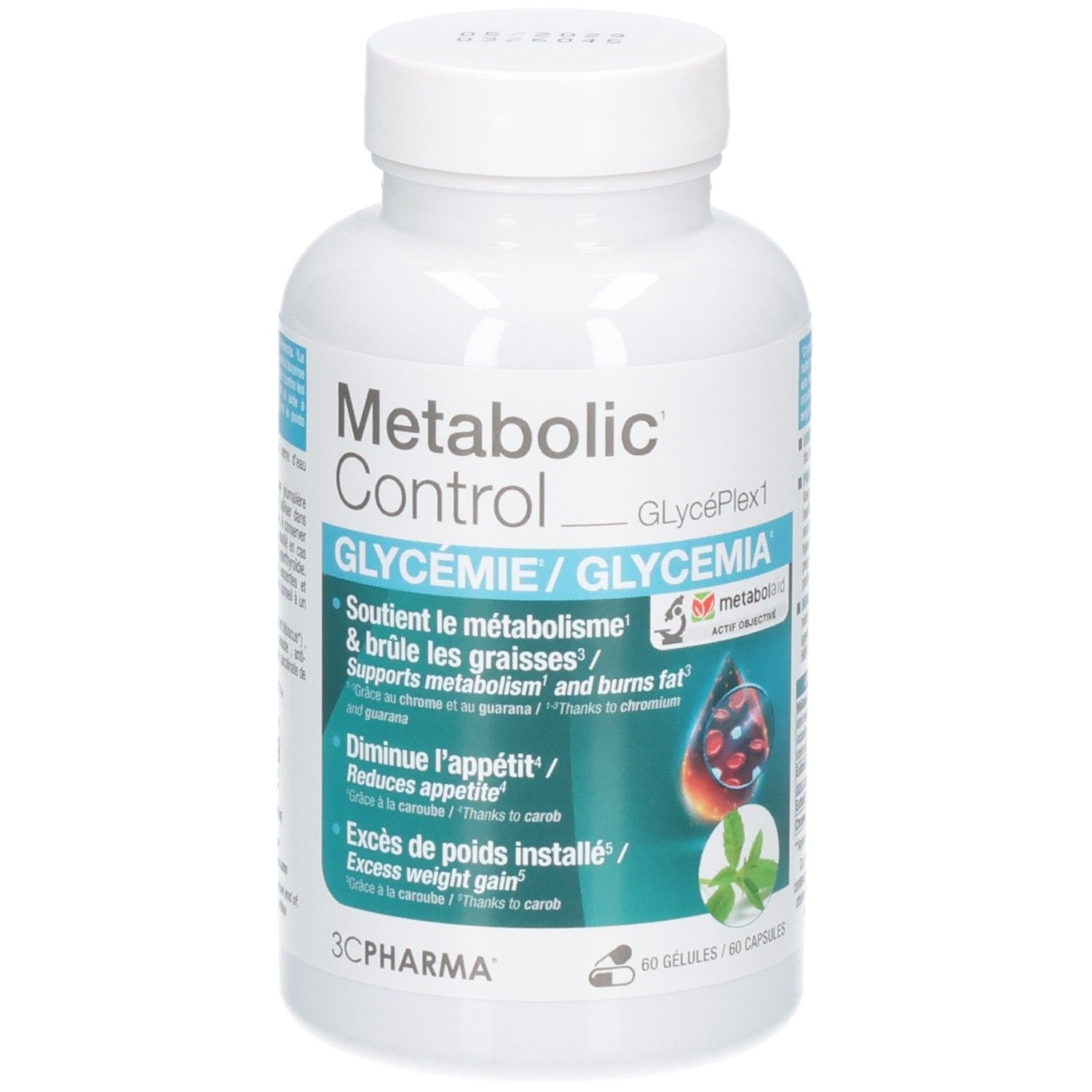 Flacon de 60 gélules 3C Pharma Metabolic Glycemie avec étiquette.