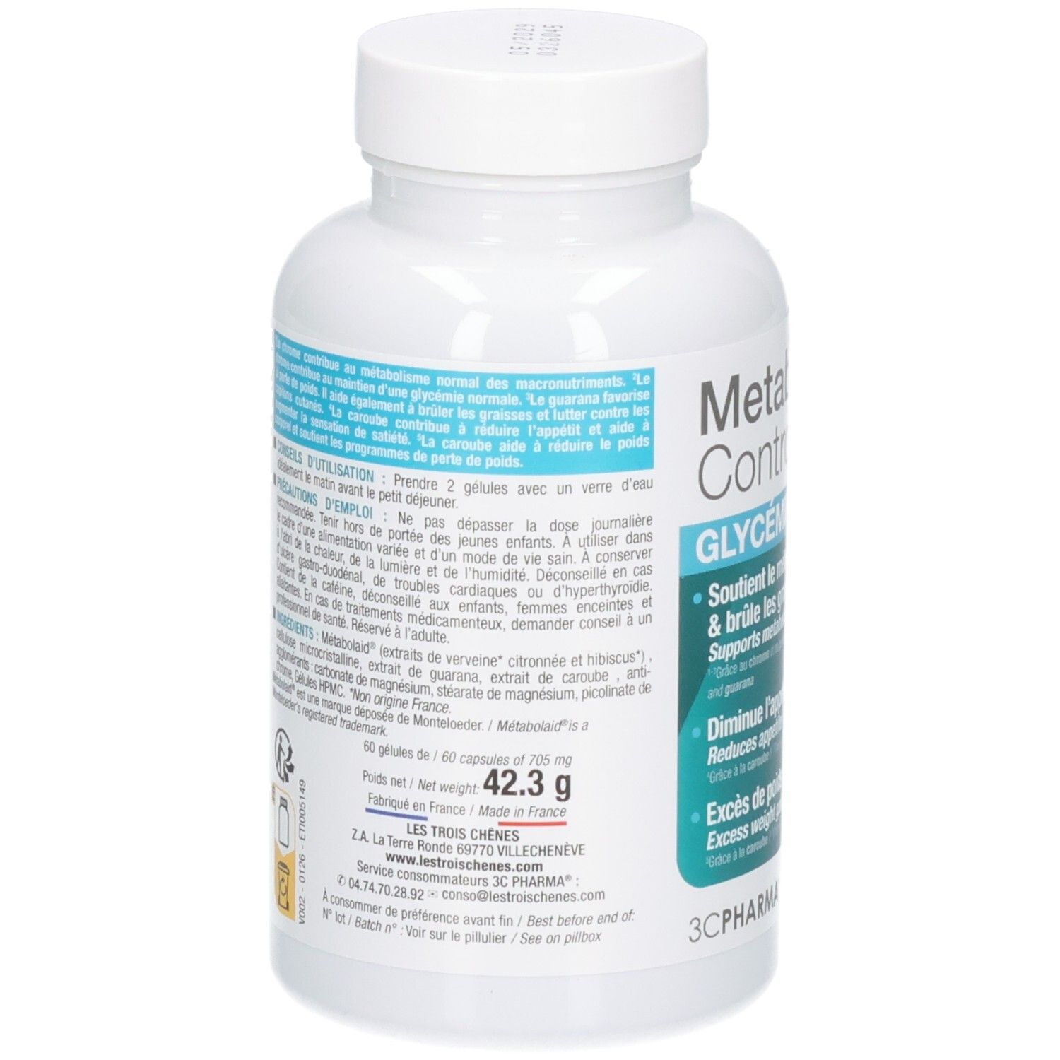 Arrière du flacon de 60 gélules 3C Pharma Metabolic Glycemie avec informations produit.