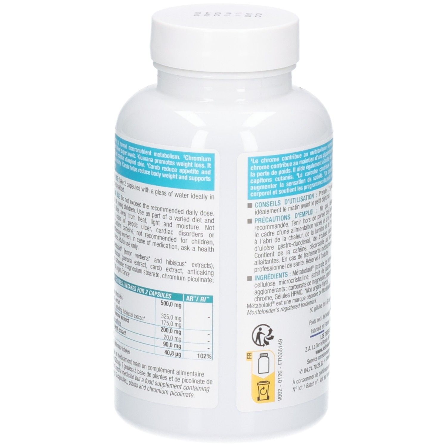 Arrière du flacon de 60 gélules 3C Pharma Metabolic Glycemie avec ingrédients détaillés.