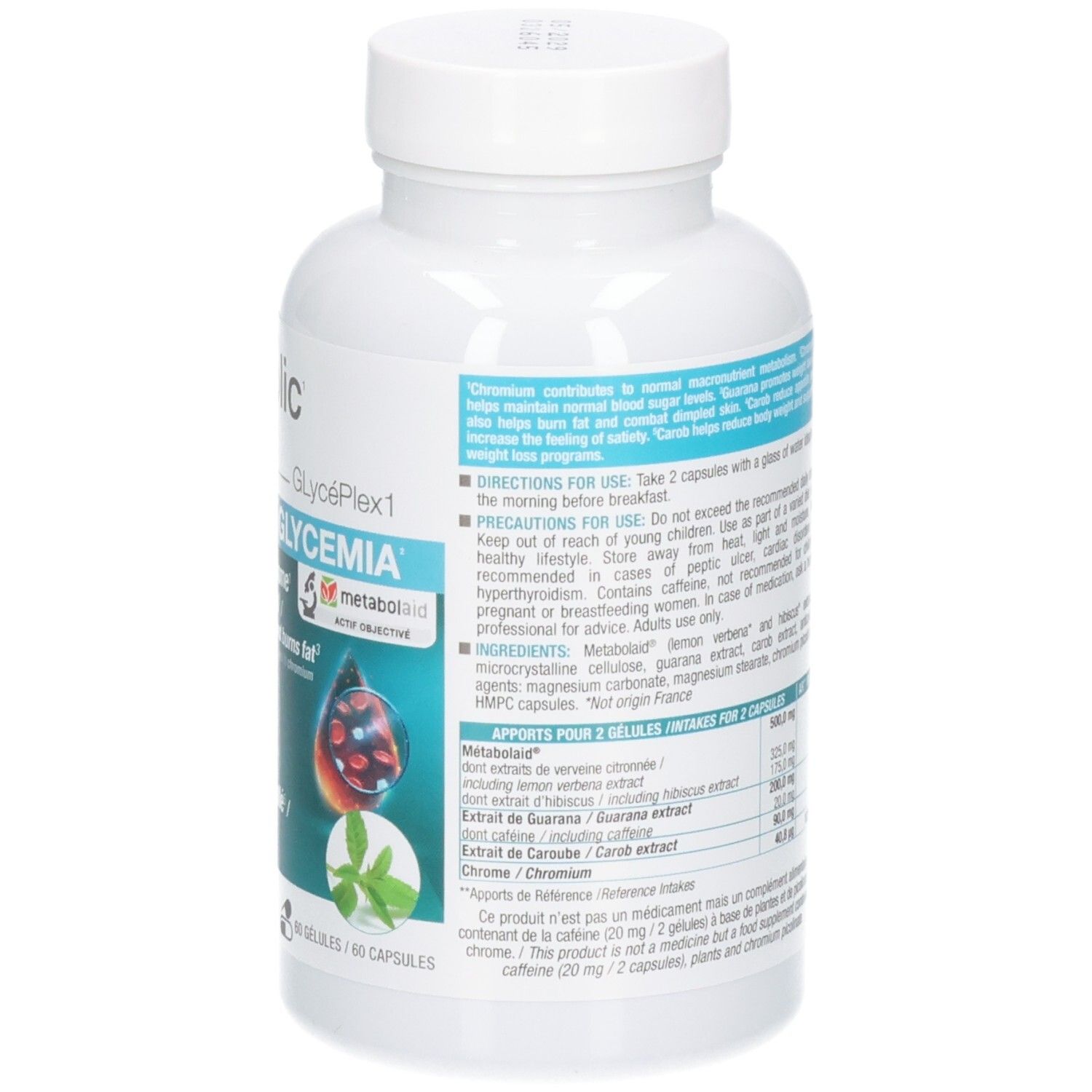 Vue latérale du flacon de 60 gélules 3C Pharma Metabolic Glycemie avec étiquette.