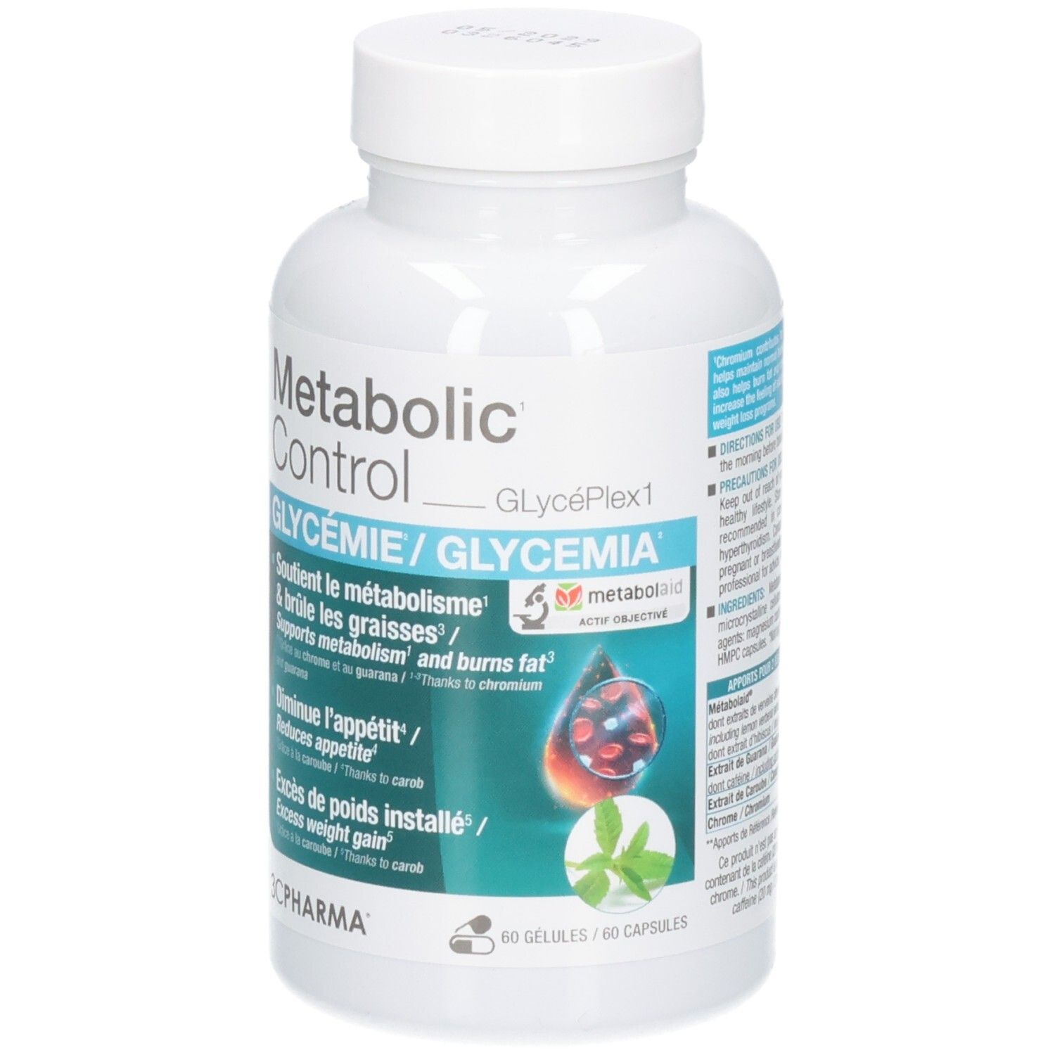 Flacon de 60 gélules 3C Pharma Metabolic Glycemie avec étiquette et informations produit.
