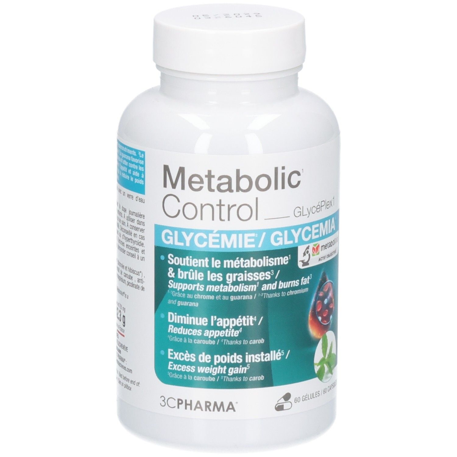 Flacon de 60 gélules 3C Pharma Metabolic Glycemie avec étiquette et informations produit.