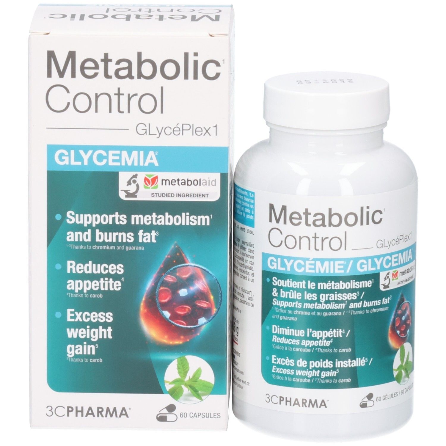 Flacon et boîte de 60 gélules 3C Pharma Metabolic Glycemie avec informations produit.