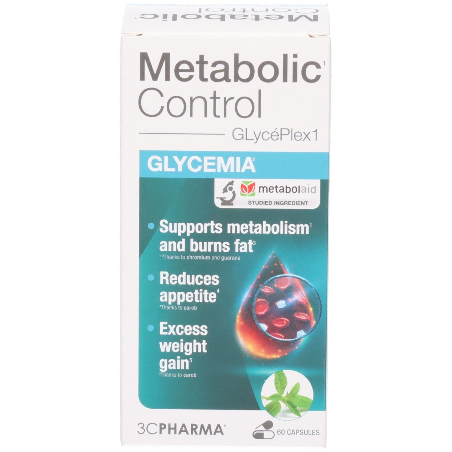 Boîte de 60 gélules 3C Pharma Metabolic Glycemie avec informations produit.