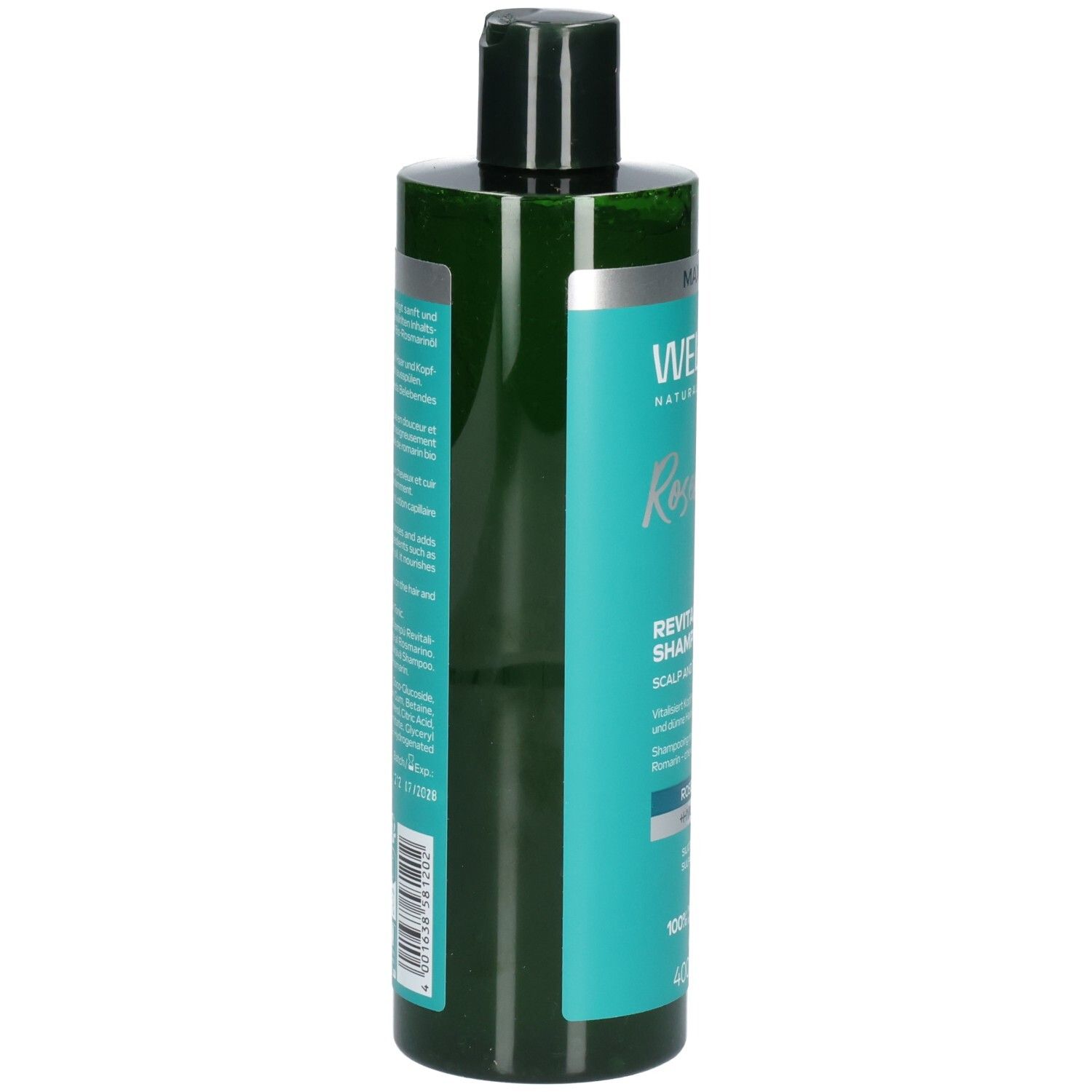 Arrière du flacon WELEDA Shampoo Revitalisant Romarin avec informations produit.