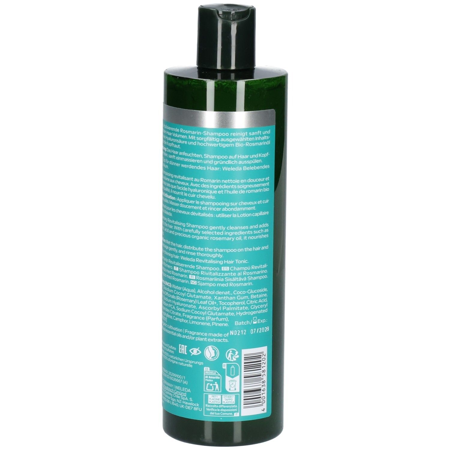 Arrière du flacon WELEDA Shampoo Revitalisant Romarin avec ingrédients détaillés et logos.