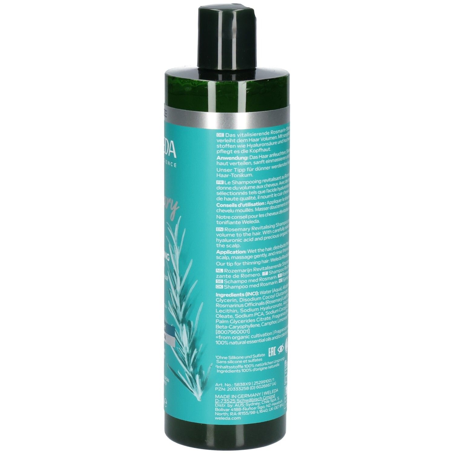 Vue latérale du flacon WELEDA Shampoo Revitalisant Romarin avec instructions d'utilisation.
