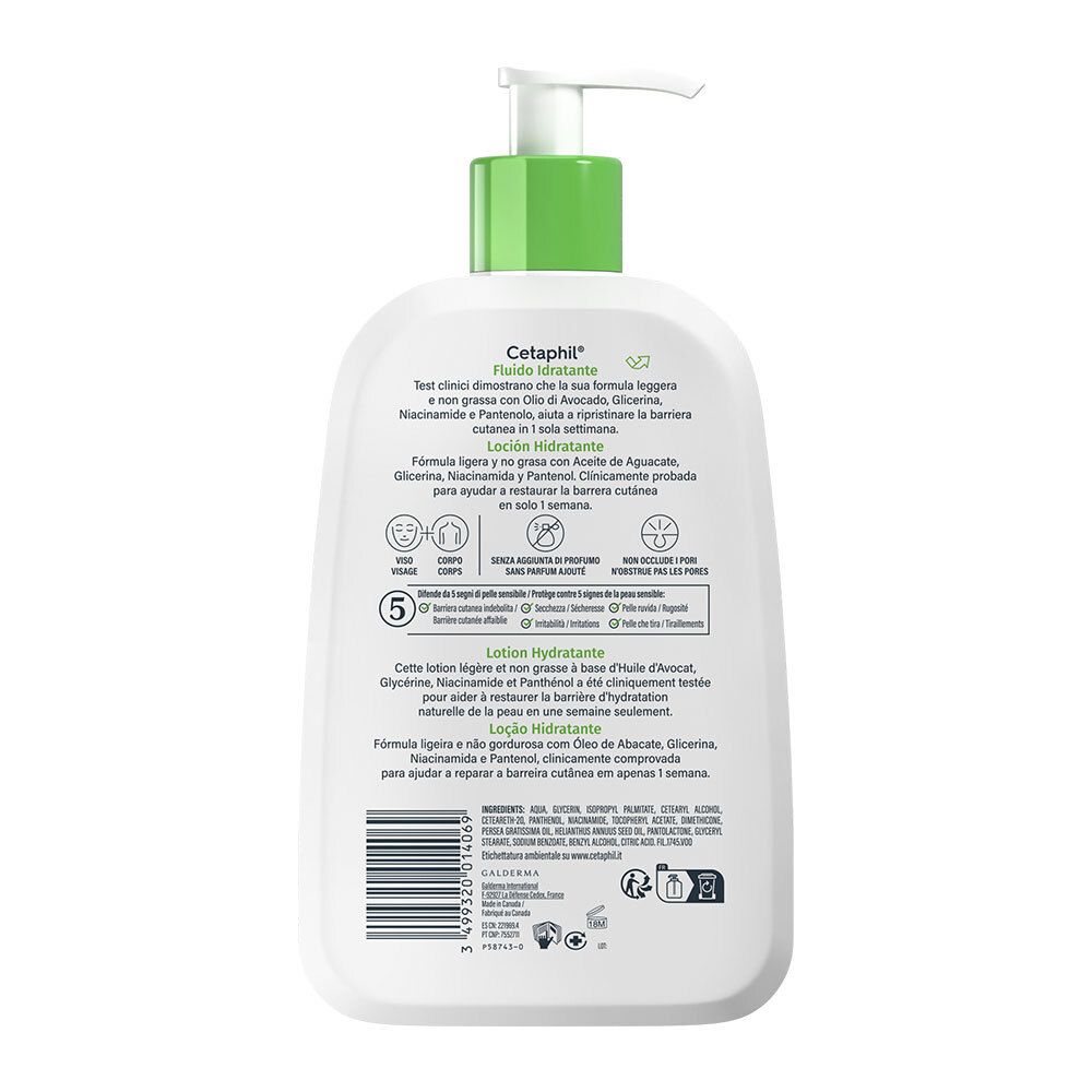 Dos du flacon blanc avec pompe verte. Texte : Cetaphil, Fludio Idratante, Lotion Hydratante. Ingrédients et informations.