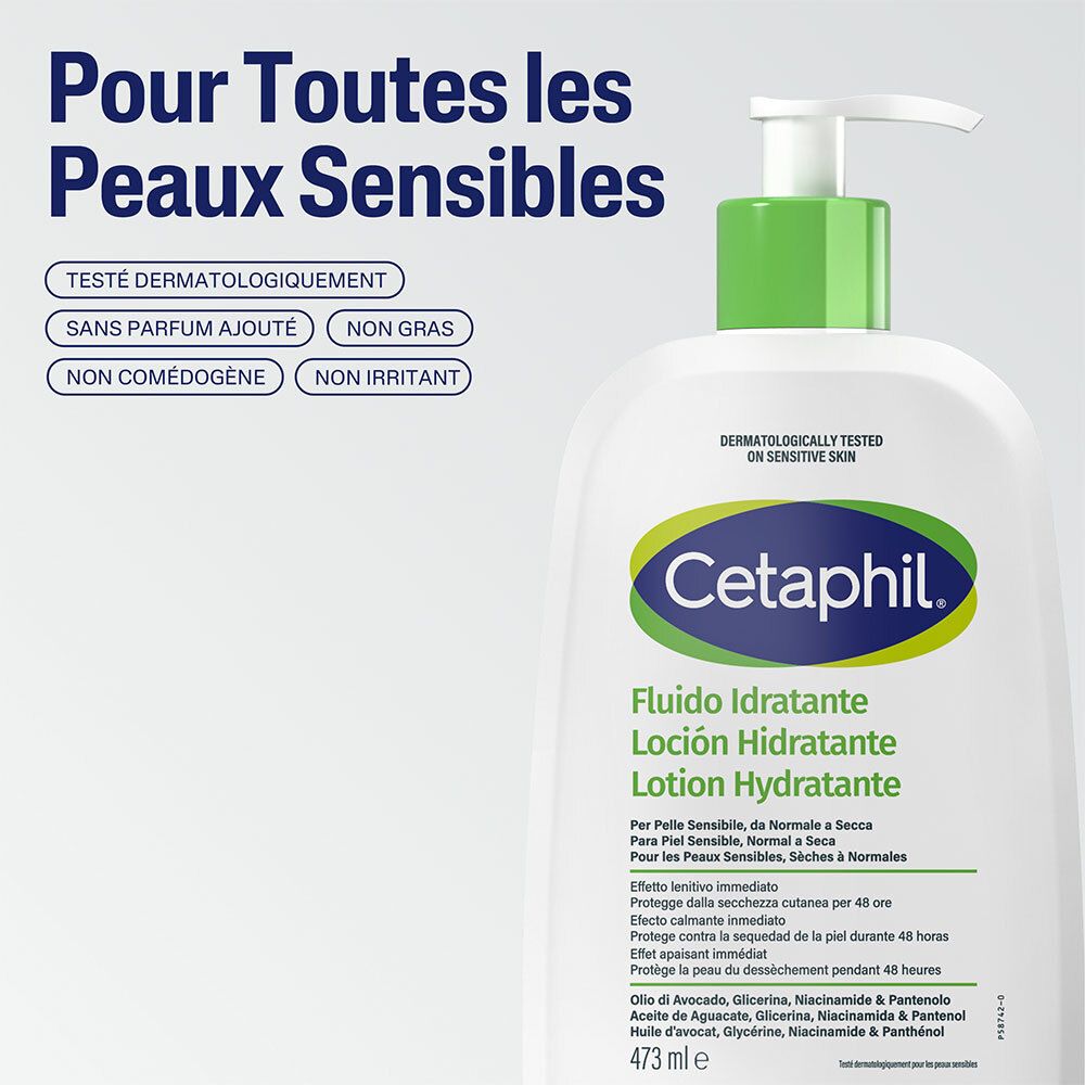 Gros plan sur le flacon blanc avec pompe verte. Texte : Pour toutes les peaux sensibles. Testé dermatologiquement.