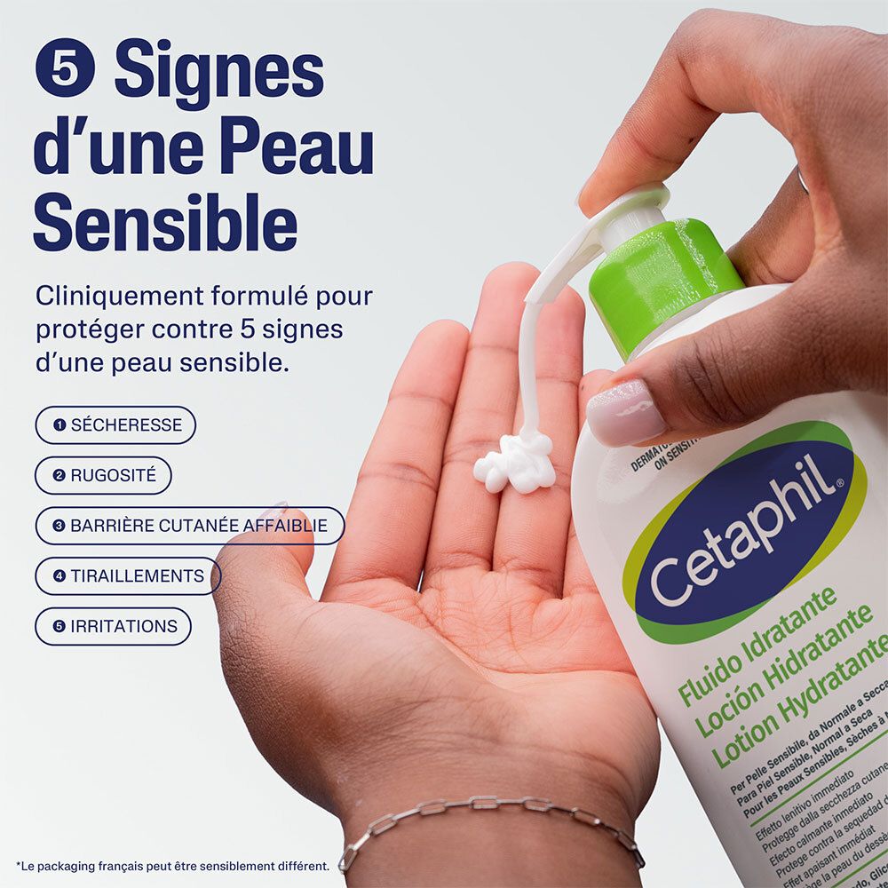 Main avec lotion sur la paume. Texte : 5 signes de peau sensible. Flacon Cetaphil en arrière-plan.