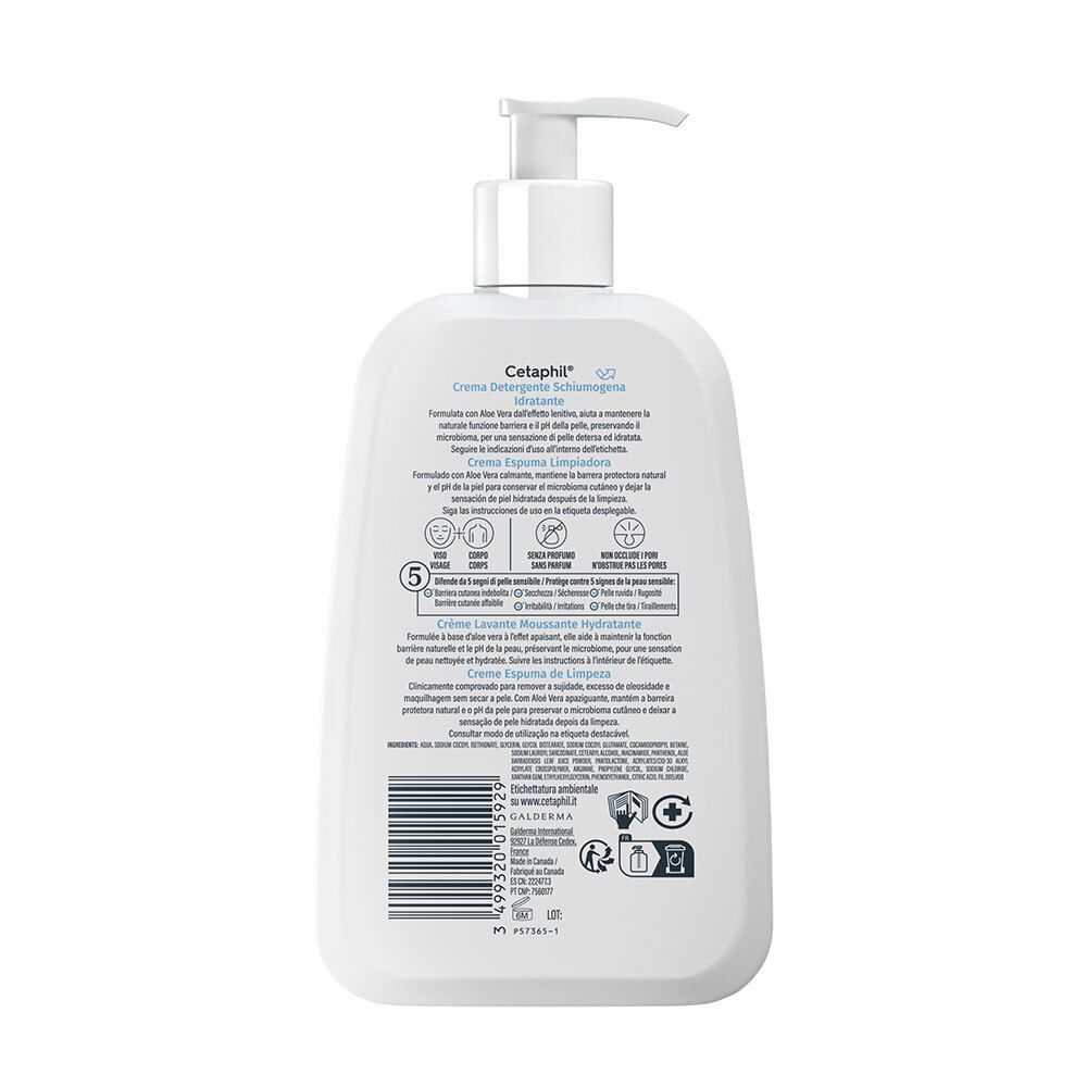 Dos du flacon blanc avec informations produit et logos. Contient des informations sur l'utilisation et les ingrédients.